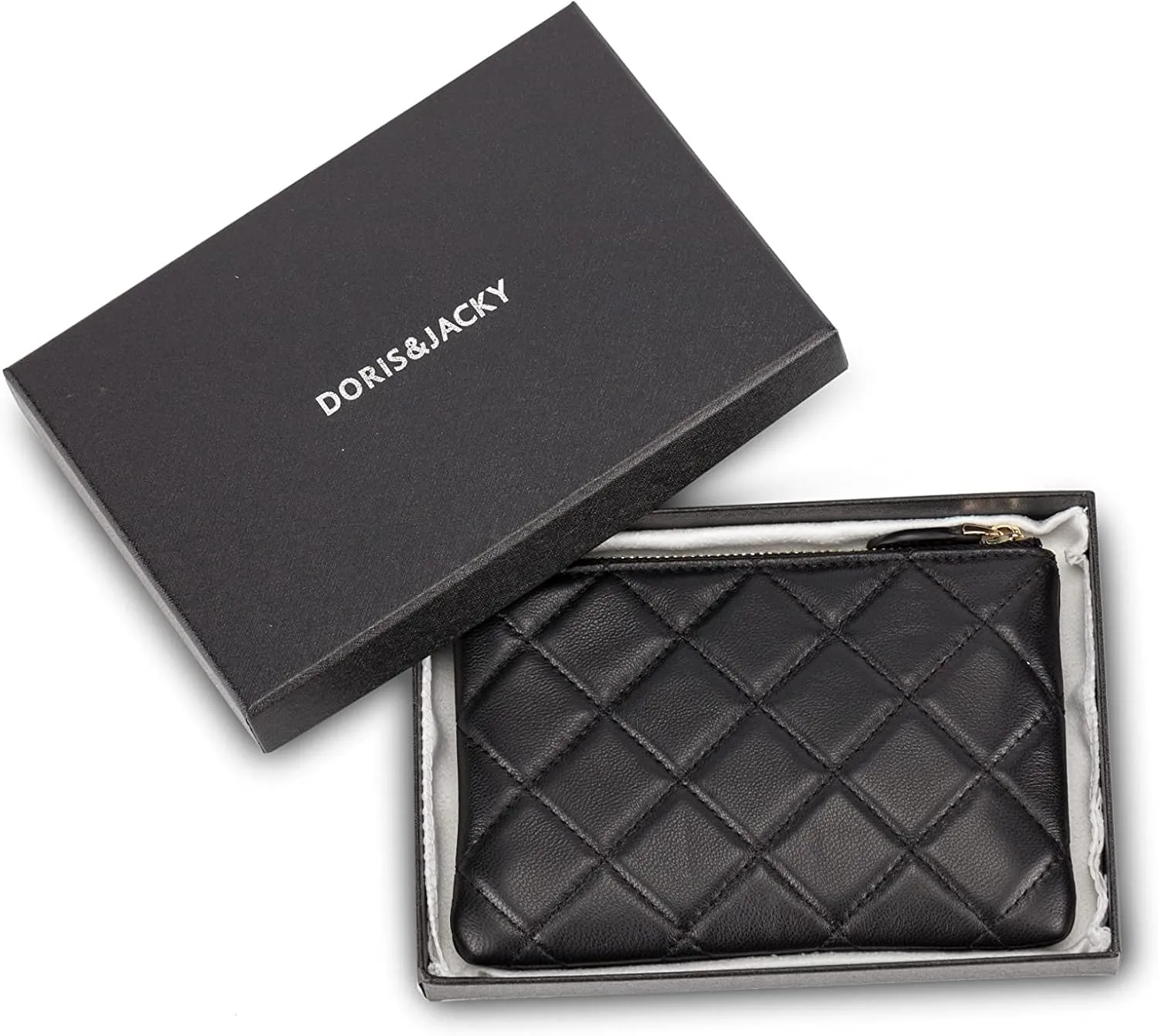 DORIS&JACKY Soft Lambskin Leather Coin Purse Small Quilted RFID Blocking Top Zipper Wallet With Key Chain