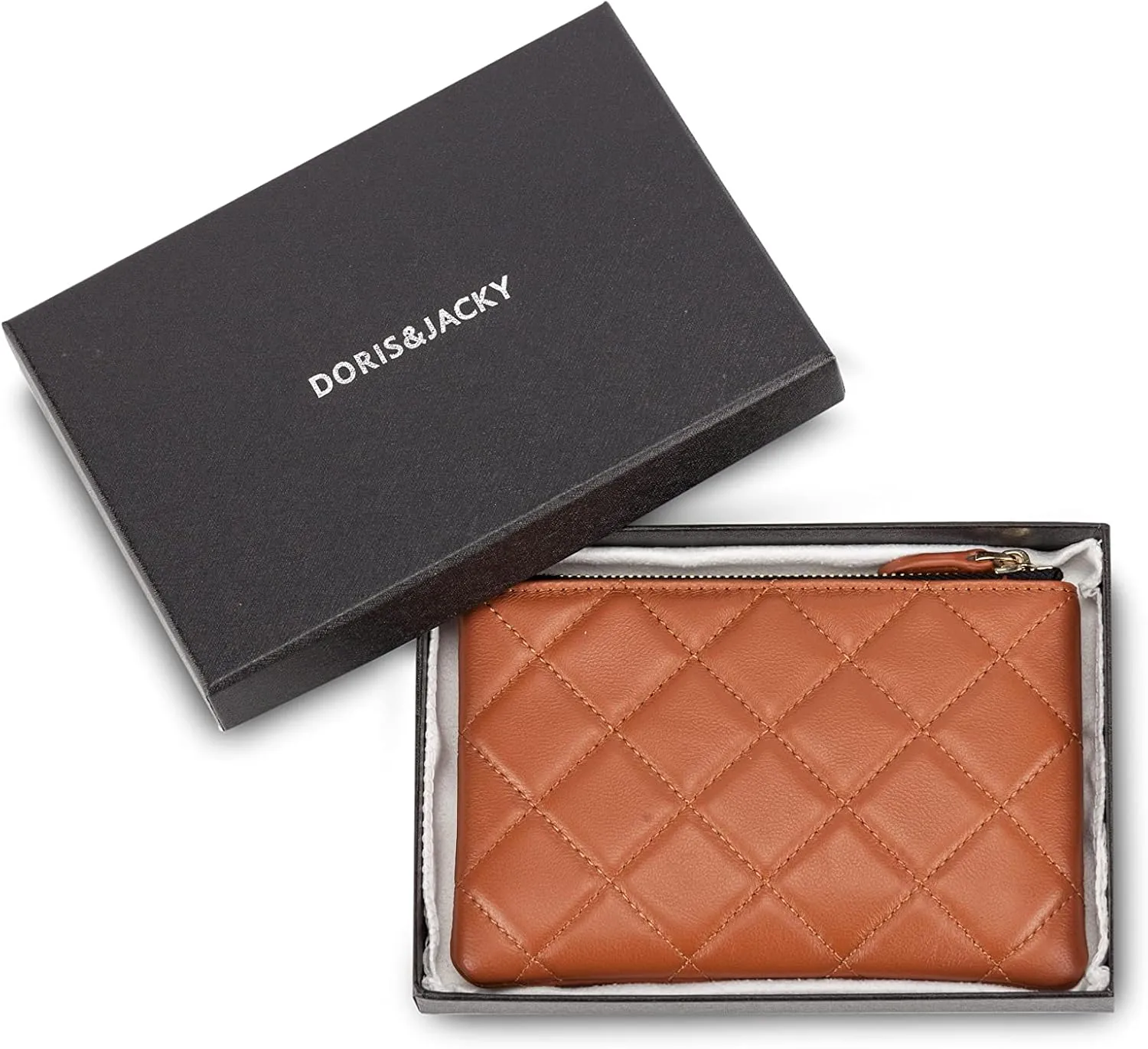 DORIS&JACKY Soft Lambskin Leather Coin Purse Small Quilted RFID Blocking Top Zipper Wallet With Key Chain