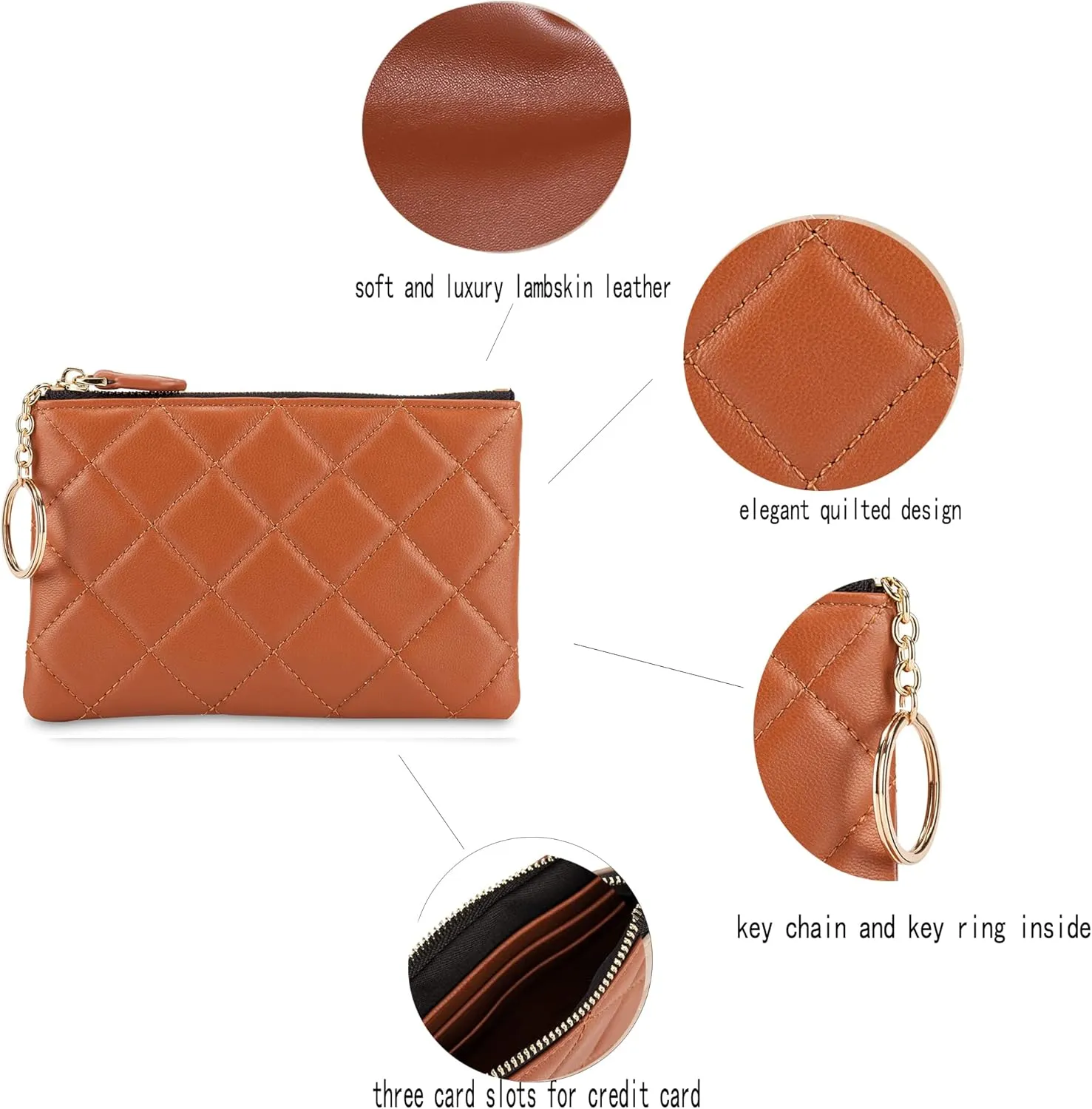 DORIS&JACKY Soft Lambskin Leather Coin Purse Small Quilted RFID Blocking Top Zipper Wallet With Key Chain