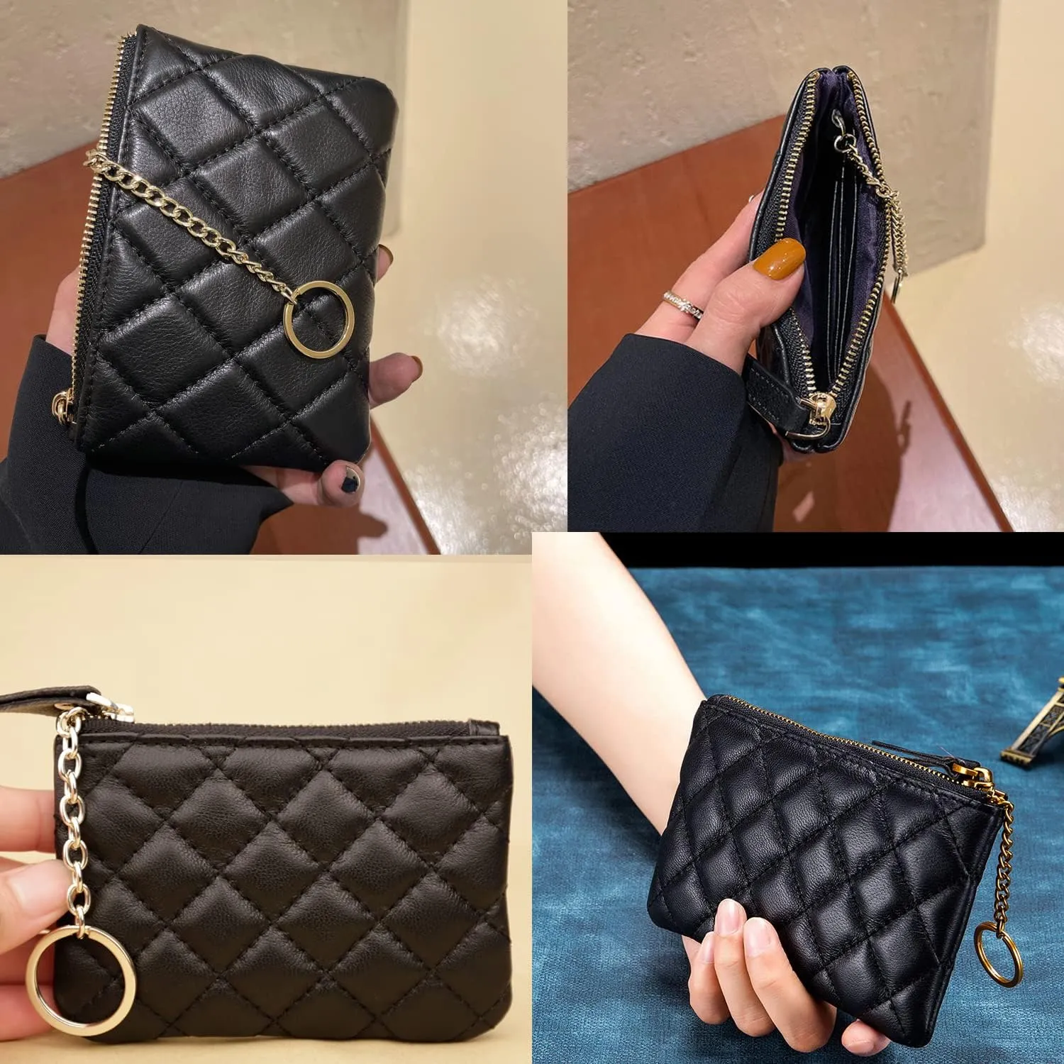 DORIS&JACKY Soft Lambskin Leather Coin Purse Small Quilted RFID Blocking Top Zipper Wallet With Key Chain