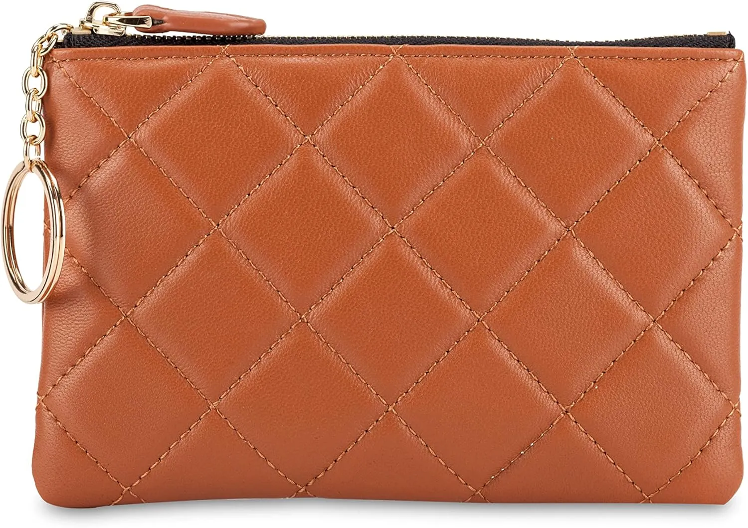 DORIS&JACKY Soft Lambskin Leather Coin Purse Small Quilted RFID Blocking Top Zipper Wallet With Key Chain