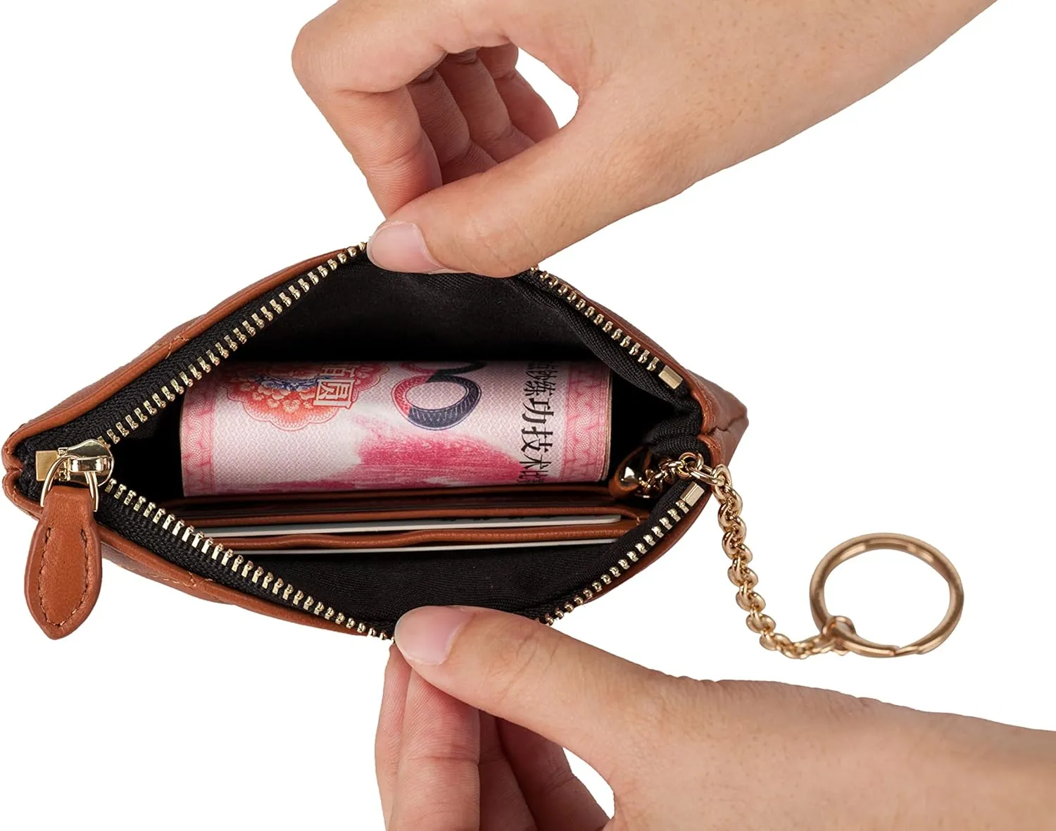 DORIS&JACKY Soft Lambskin Leather Coin Purse Small Quilted RFID Blocking Top Zipper Wallet With Key Chain