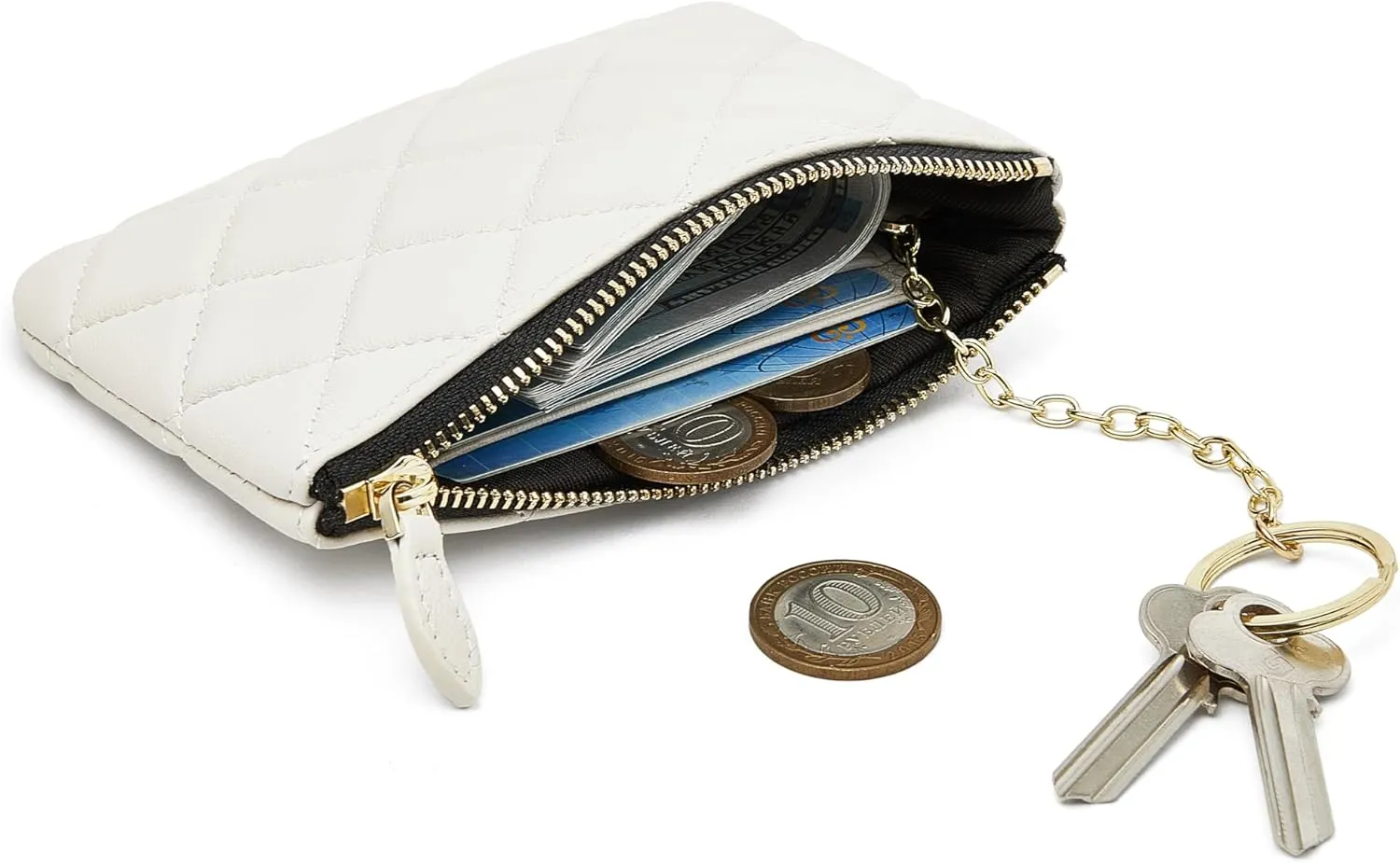 DORIS&JACKY Soft Lambskin Leather Coin Purse Small Quilted RFID Blocking Top Zipper Wallet With Key Chain