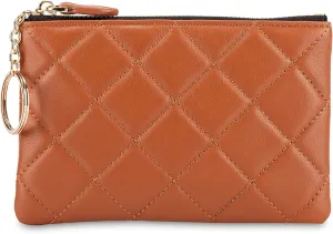 DORIS&JACKY Soft Lambskin Leather Coin Purse Small Quilted RFID Blocking Top Zipper Wallet With Key Chain
