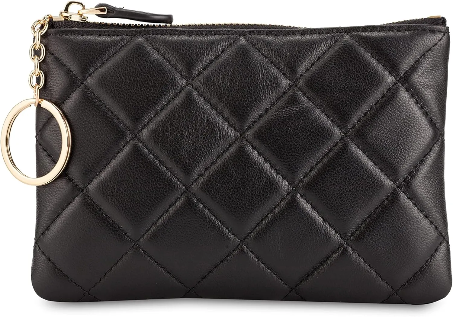DORIS&JACKY Soft Lambskin Leather Coin Purse Small Quilted RFID Blocking Top Zipper Wallet With Key Chain