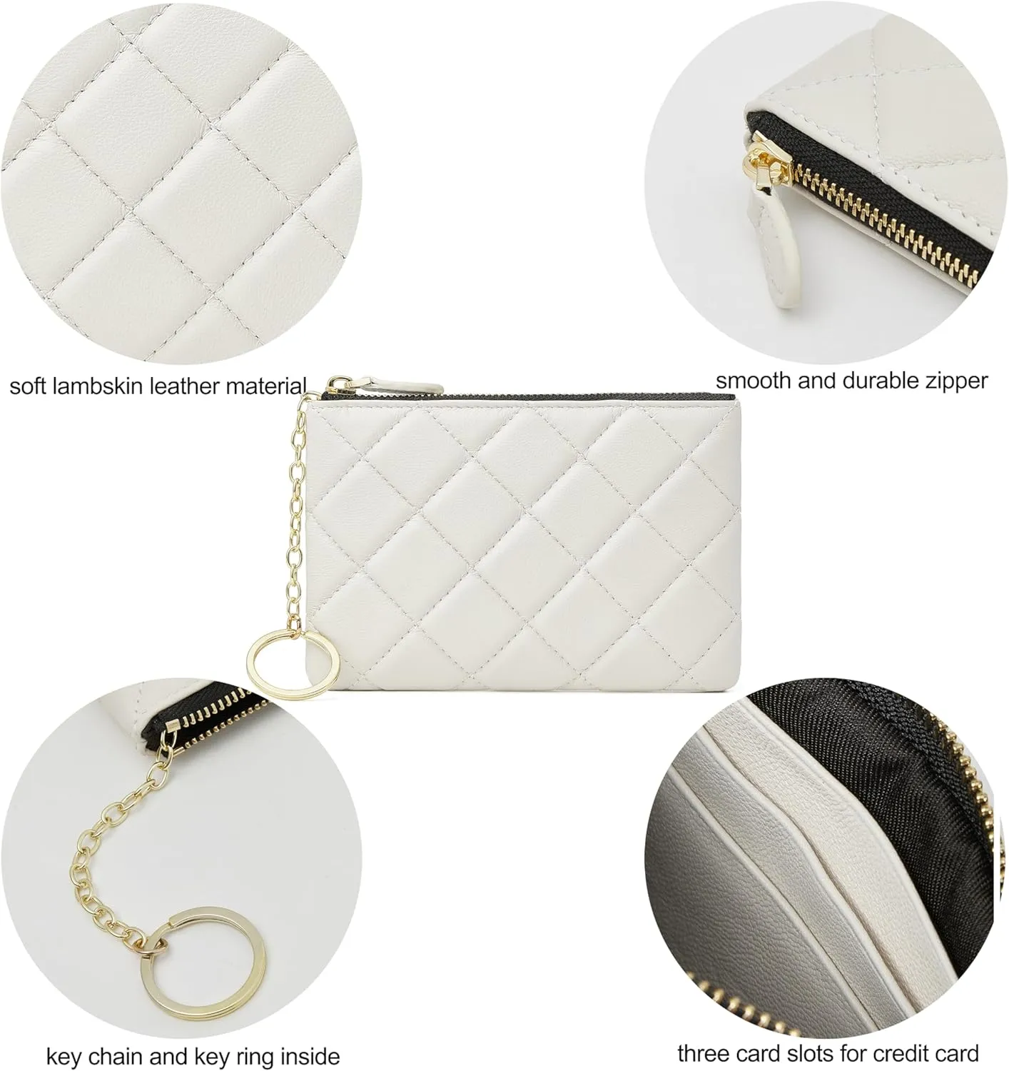 DORIS&JACKY Soft Lambskin Leather Coin Purse Small Quilted RFID Blocking Top Zipper Wallet With Key Chain