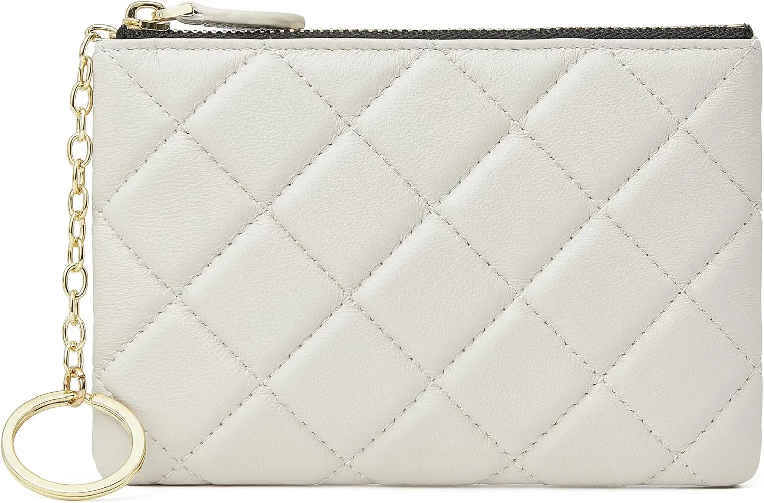 DORIS&JACKY Soft Lambskin Leather Coin Purse Small Quilted RFID Blocking Top Zipper Wallet With Key Chain