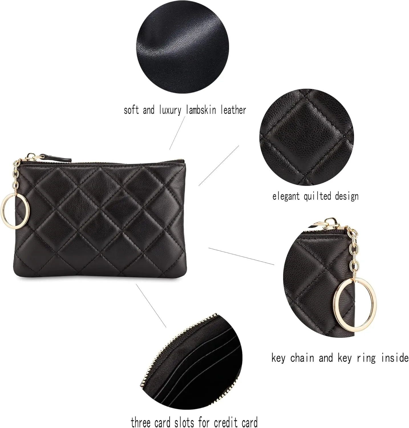 DORIS&JACKY Soft Lambskin Leather Coin Purse Small Quilted RFID Blocking Top Zipper Wallet With Key Chain