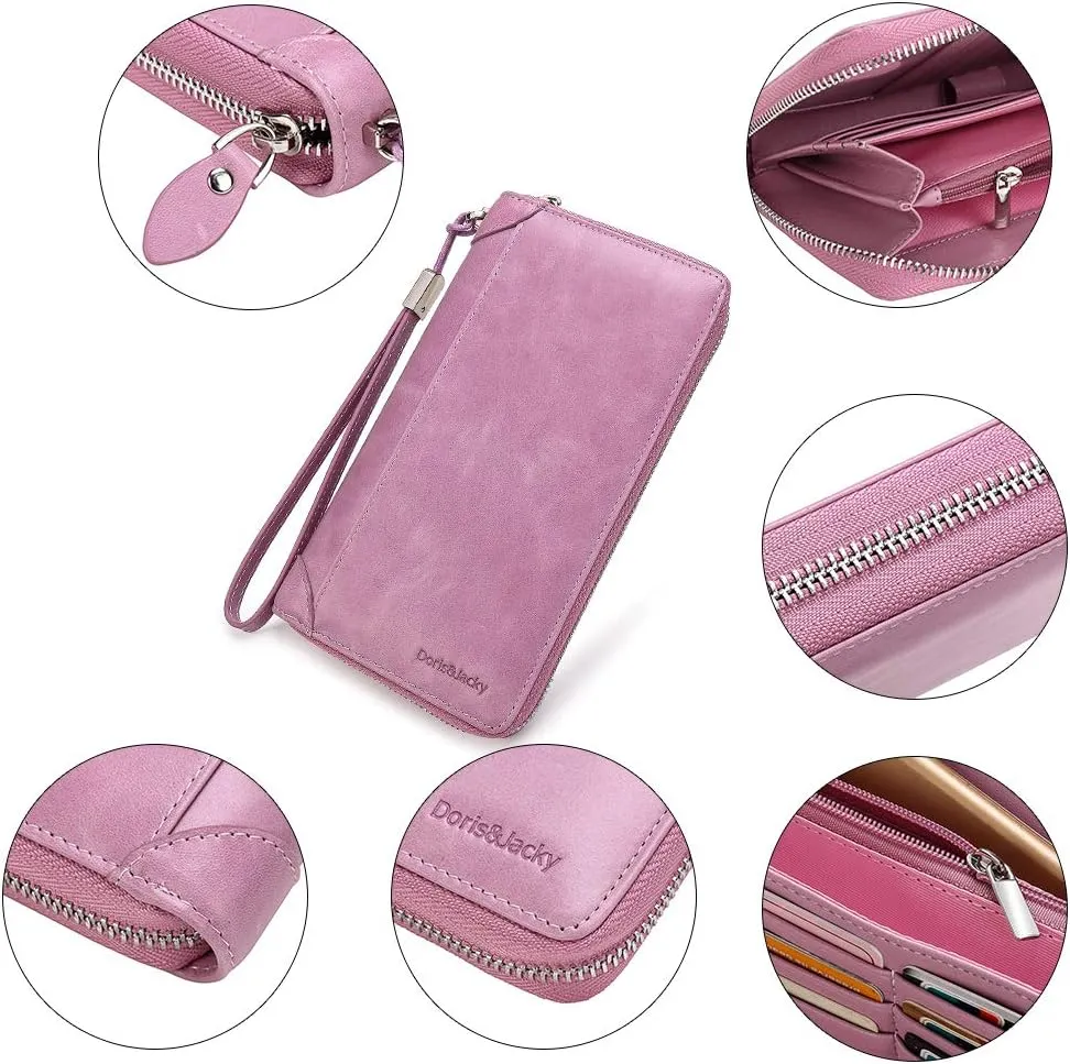 DORIS&JACKY Women Leather Wallet Rfid Blocking Large Capacity Zipper Around Travel Wristlet Bags