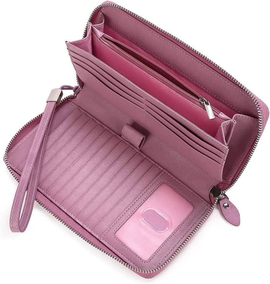 DORIS&JACKY Women Leather Wallet Rfid Blocking Large Capacity Zipper Around Travel Wristlet Bags