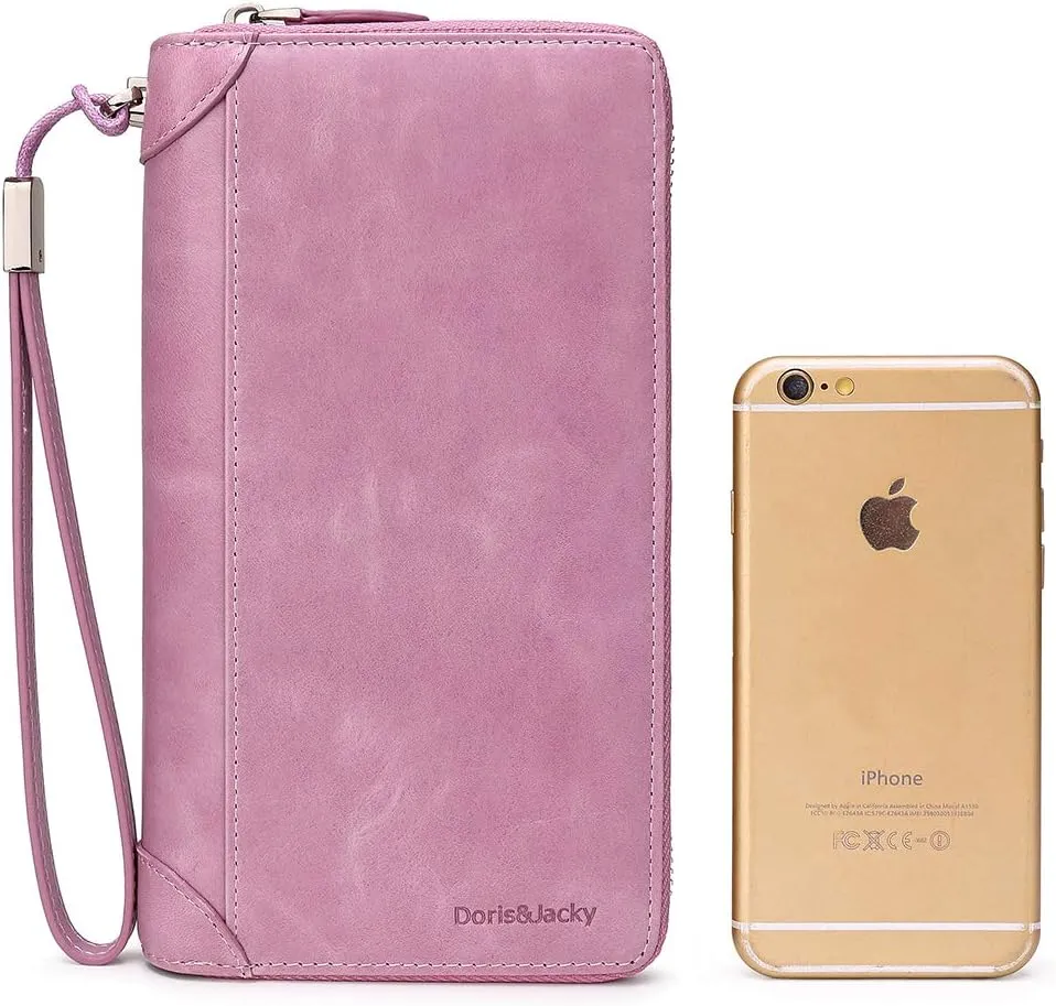 DORIS&JACKY Women Leather Wallet Rfid Blocking Large Capacity Zipper Around Travel Wristlet Bags