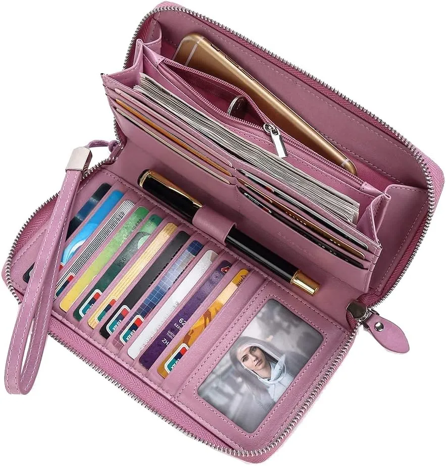 DORIS&JACKY Women Leather Wallet Rfid Blocking Large Capacity Zipper Around Travel Wristlet Bags