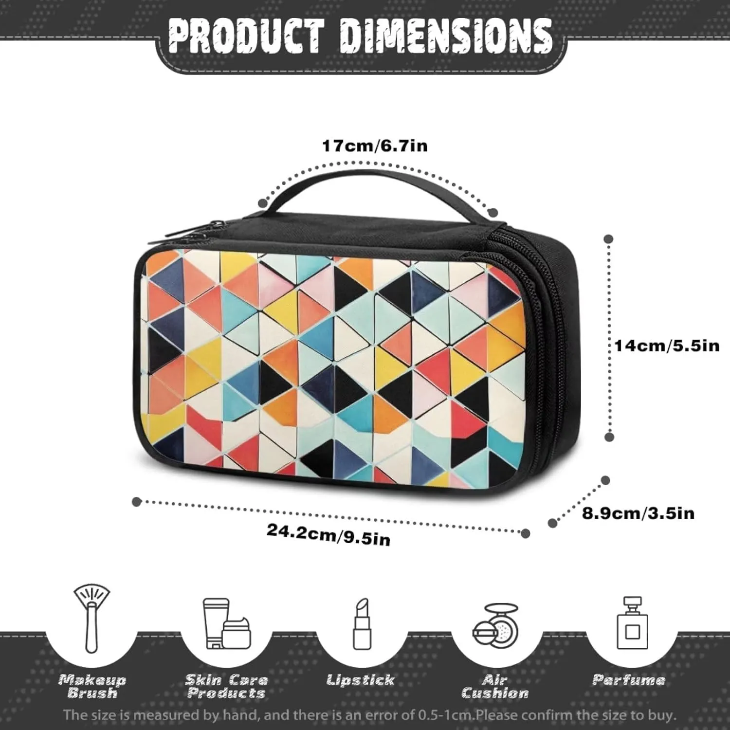 Double Layer Makeup Bag for Women Colorful Geometric Travel Toiletry Bag 9.5x3.5x5.5 Inch Cosmetic Organizer with Brush Holder Mesh Compartments