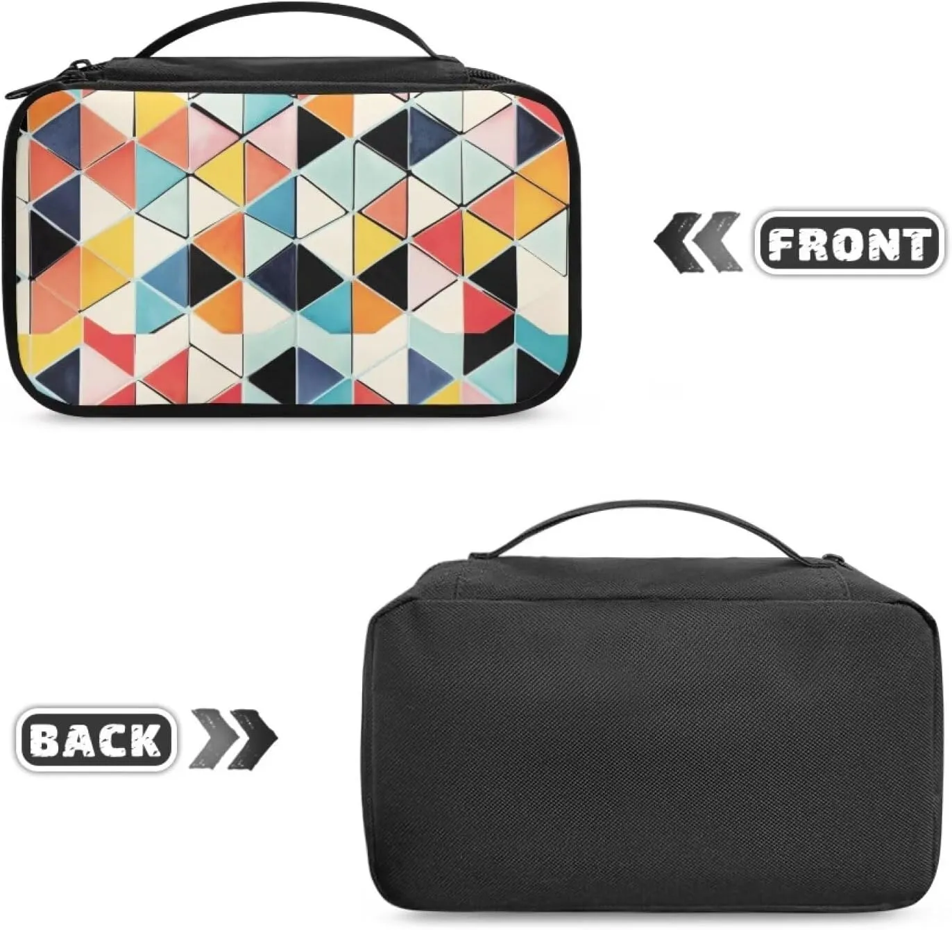 Double Layer Makeup Bag for Women Colorful Geometric Travel Toiletry Bag 9.5x3.5x5.5 Inch Cosmetic Organizer with Brush Holder Mesh Compartments