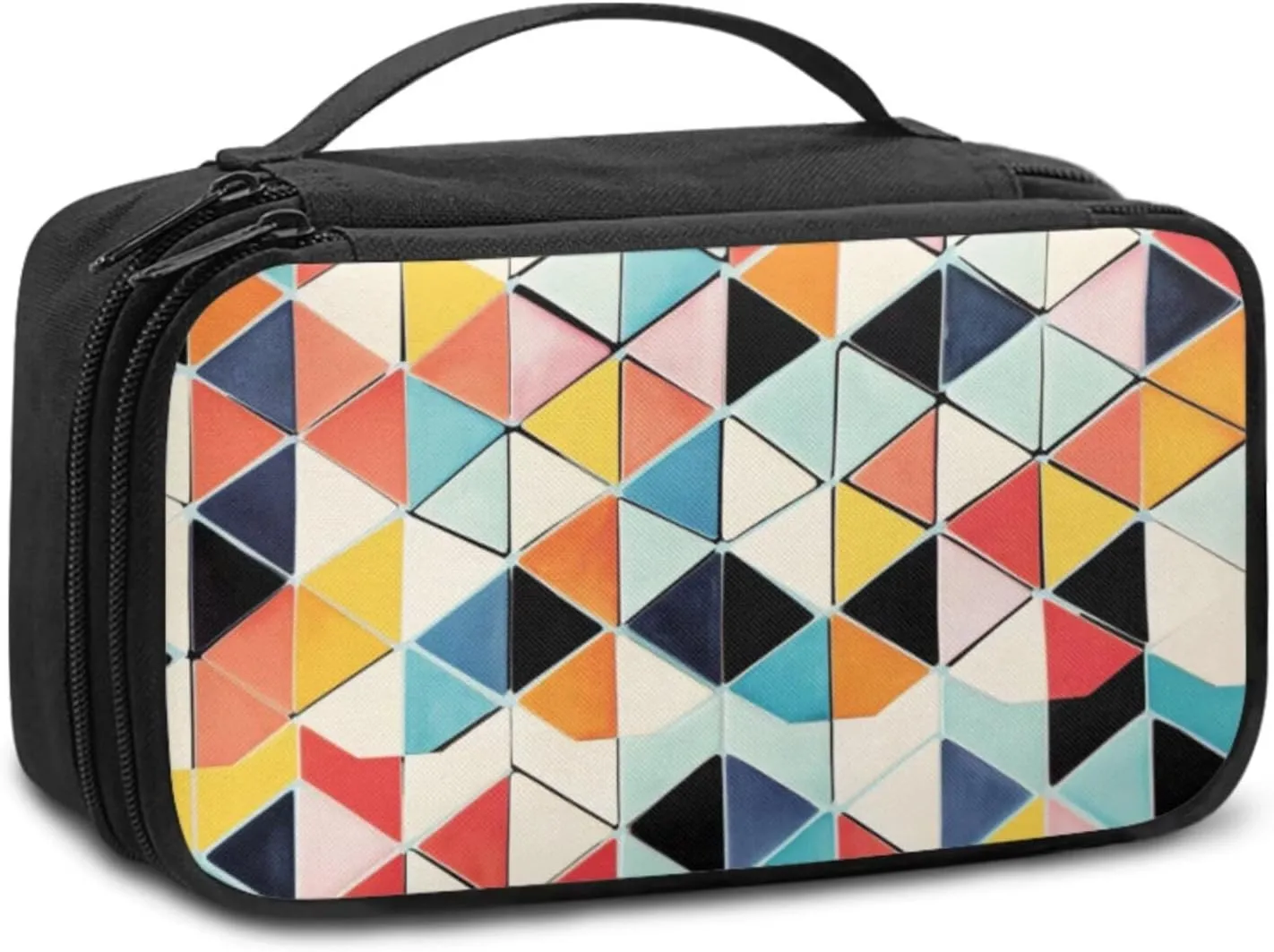 Double Layer Makeup Bag for Women Colorful Geometric Travel Toiletry Bag 9.5x3.5x5.5 Inch Cosmetic Organizer with Brush Holder Mesh Compartments