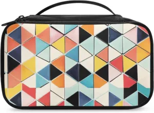 Double Layer Makeup Bag for Women Colorful Geometric Travel Toiletry Bag 9.5x3.5x5.5 Inch Cosmetic Organizer with Brush Holder Mesh Compartments