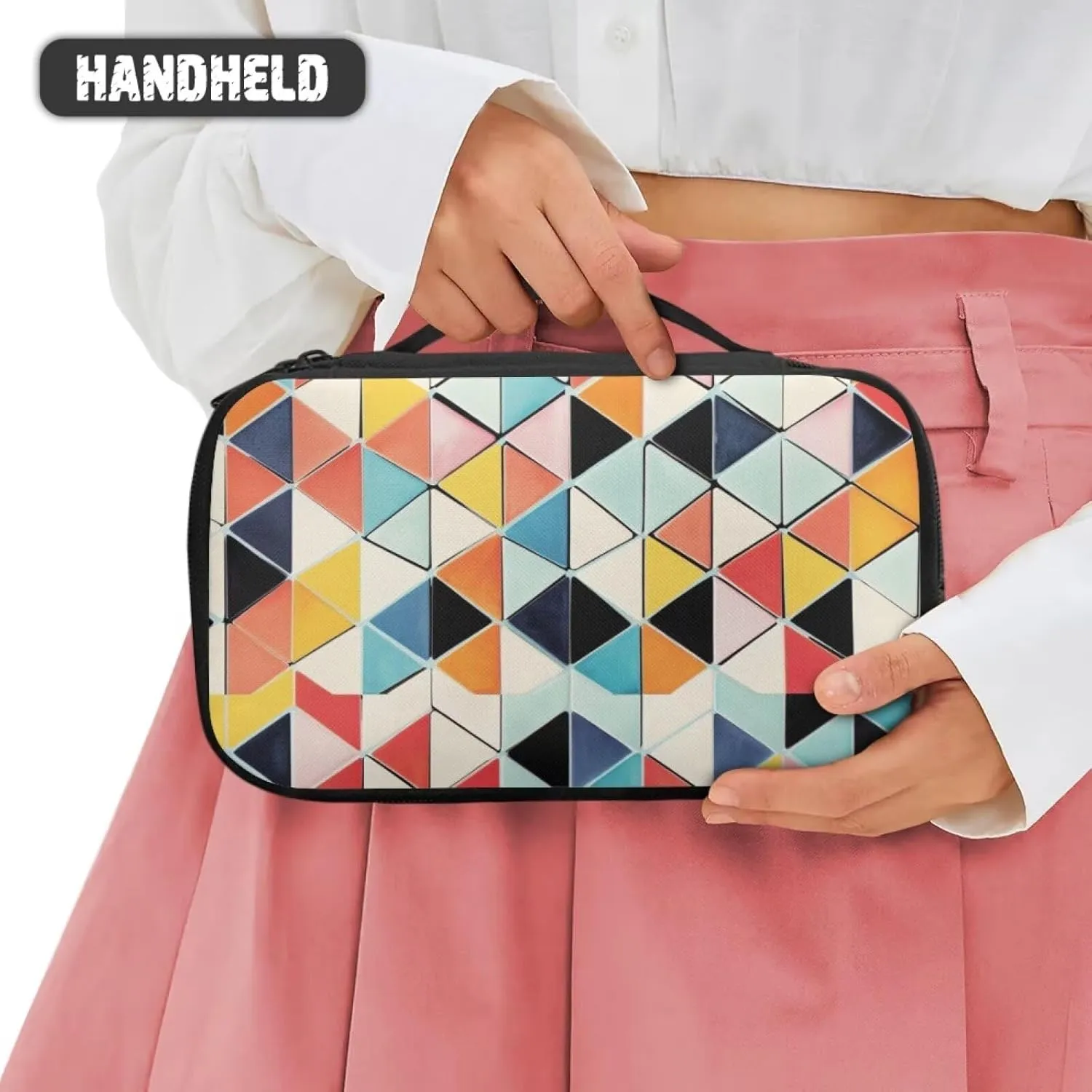 Double Layer Makeup Bag for Women Colorful Geometric Travel Toiletry Bag 9.5x3.5x5.5 Inch Cosmetic Organizer with Brush Holder Mesh Compartments