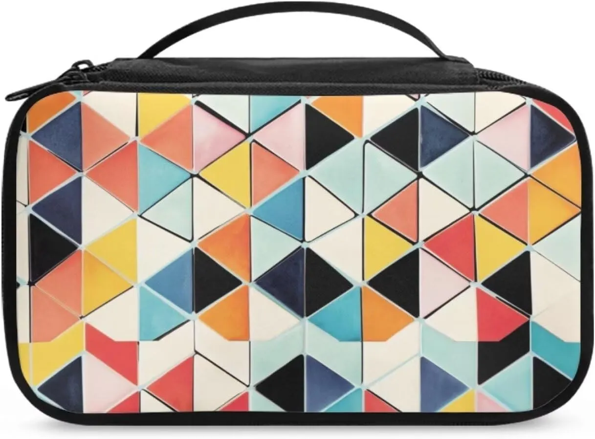 Double Layer Makeup Bag for Women Colorful Geometric Travel Toiletry Bag 9.5x3.5x5.5 Inch Cosmetic Organizer with Brush Holder Mesh Compartments