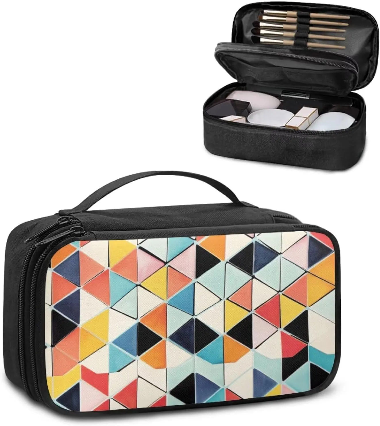 Double Layer Makeup Bag for Women Colorful Geometric Travel Toiletry Bag 9.5x3.5x5.5 Inch Cosmetic Organizer with Brush Holder Mesh Compartments