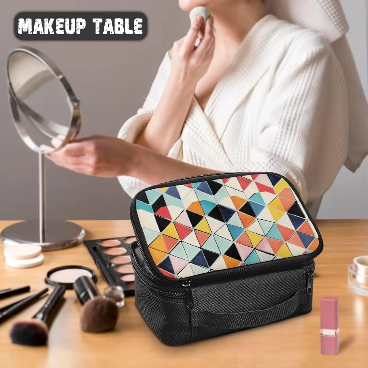 Double Layer Makeup Bag for Women Colorful Geometric Travel Toiletry Bag 9.5x3.5x5.5 Inch Cosmetic Organizer with Brush Holder Mesh Compartments