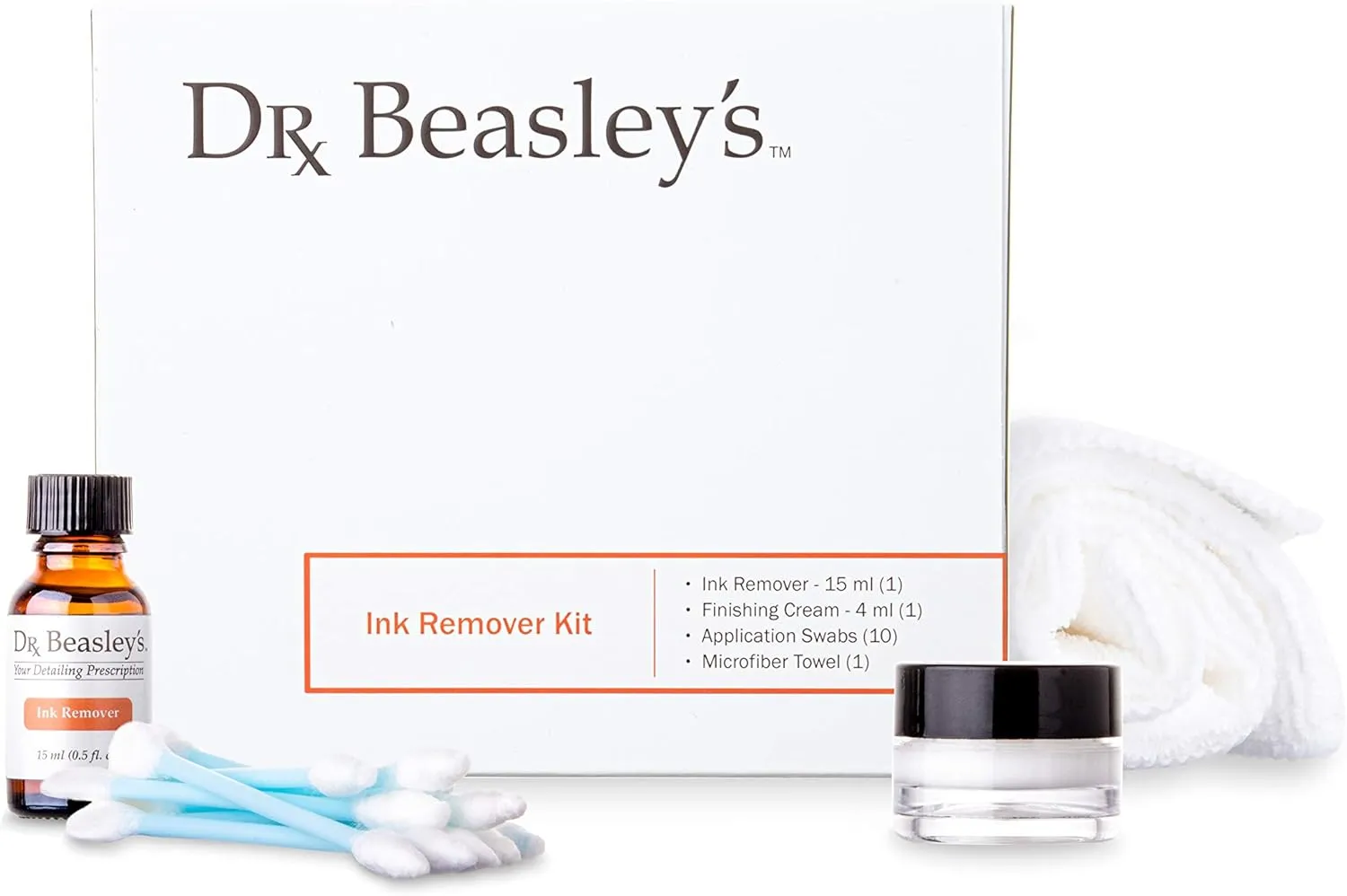 Dr. Beasley's Ink Remover Kit- Lifts & Cleans Ink from Leather. Includes Ink Remover 15ml, Finishing Cream 4ml, Microfiber Towel, and 10 Application Swabs