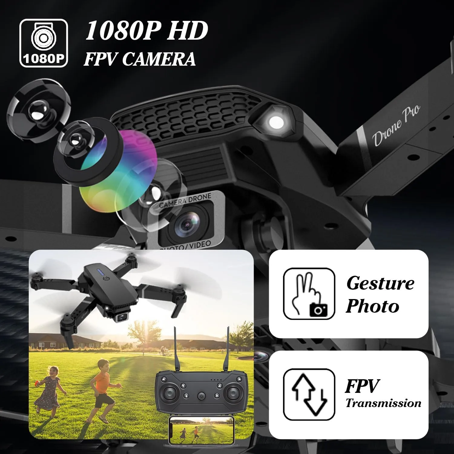 Drone with 1080P Camera for Kids, Foldable Mini Drone for Kids Boys Beginners, 2 Batteries, Toys Drone, Gestures Selfie, One Key Start, 360° Flips, Toy Gifts for Boys Black E88