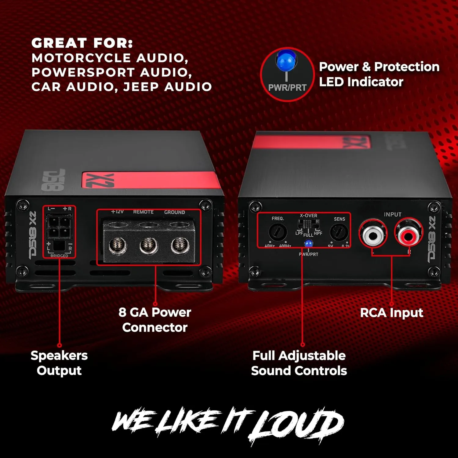 DS18 X2 Amplifier 2-Channel Class D Full Range 2 x 140 Watts RMS @ 4-ohm, Ultra Compact Amplifier, Great Compact Amp for Motorcycle, Powersports, Ultra Small Design