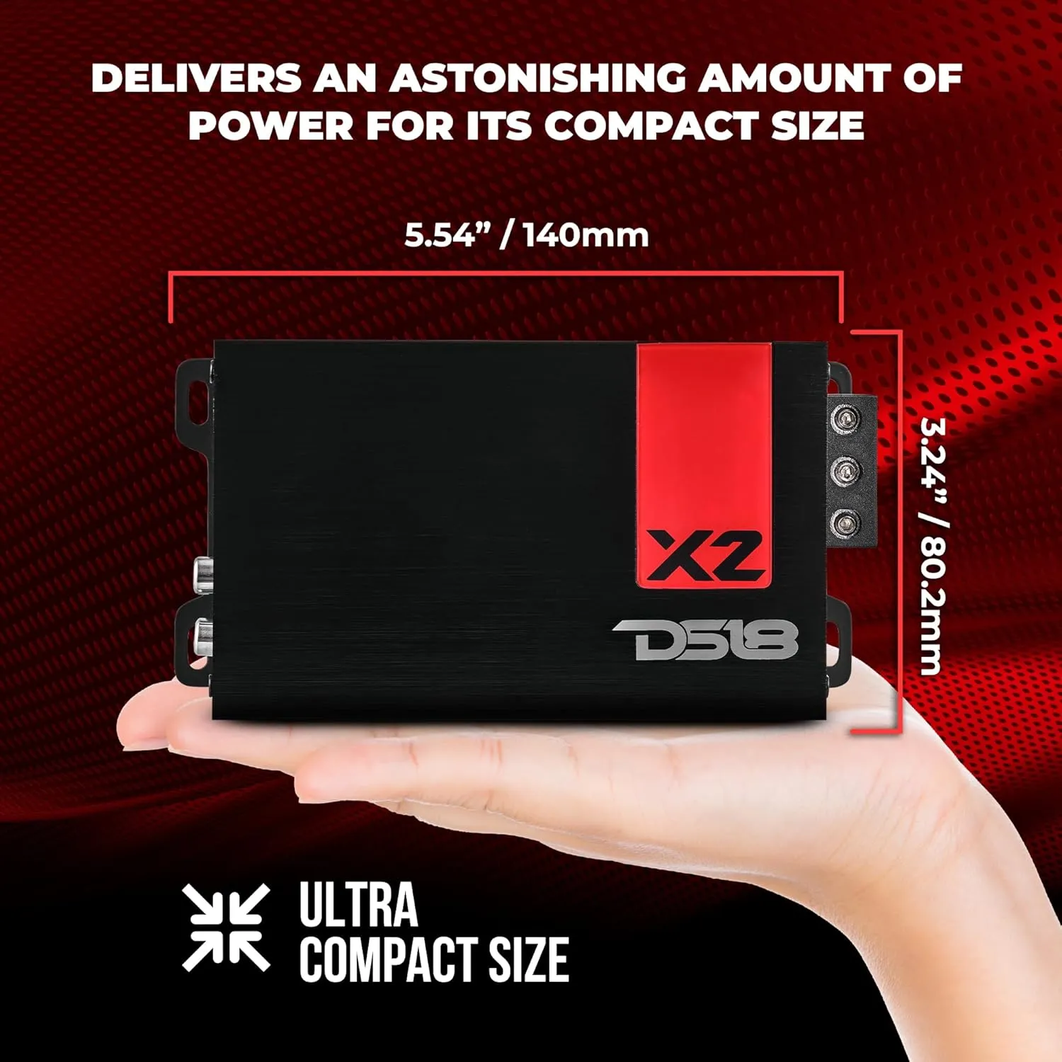 DS18 X2 Amplifier 2-Channel Class D Full Range 2 x 140 Watts RMS @ 4-ohm, Ultra Compact Amplifier, Great Compact Amp for Motorcycle, Powersports, Ultra Small Design