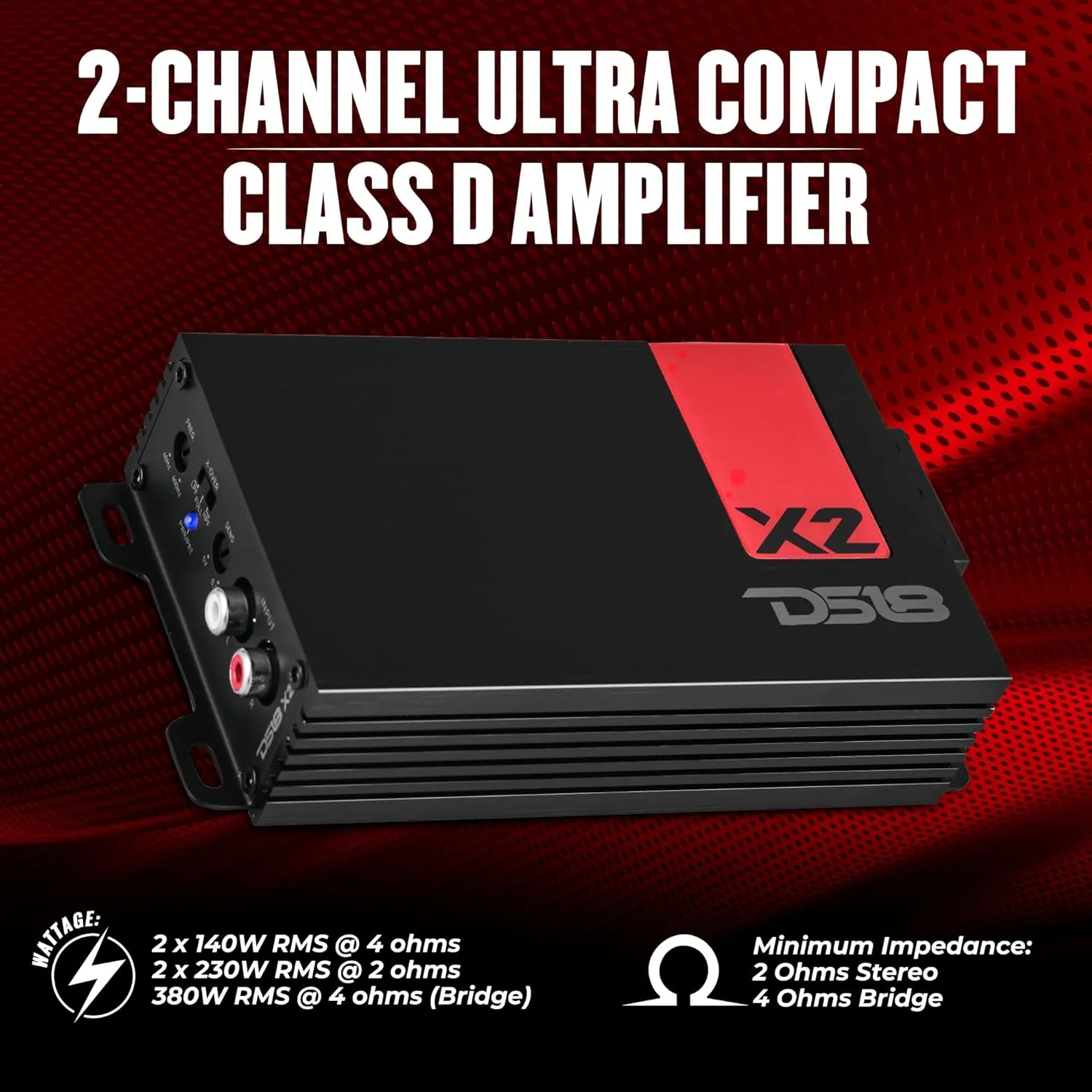 DS18 X2 Amplifier 2-Channel Class D Full Range 2 x 140 Watts RMS @ 4-ohm, Ultra Compact Amplifier, Great Compact Amp for Motorcycle, Powersports, Ultra Small Design