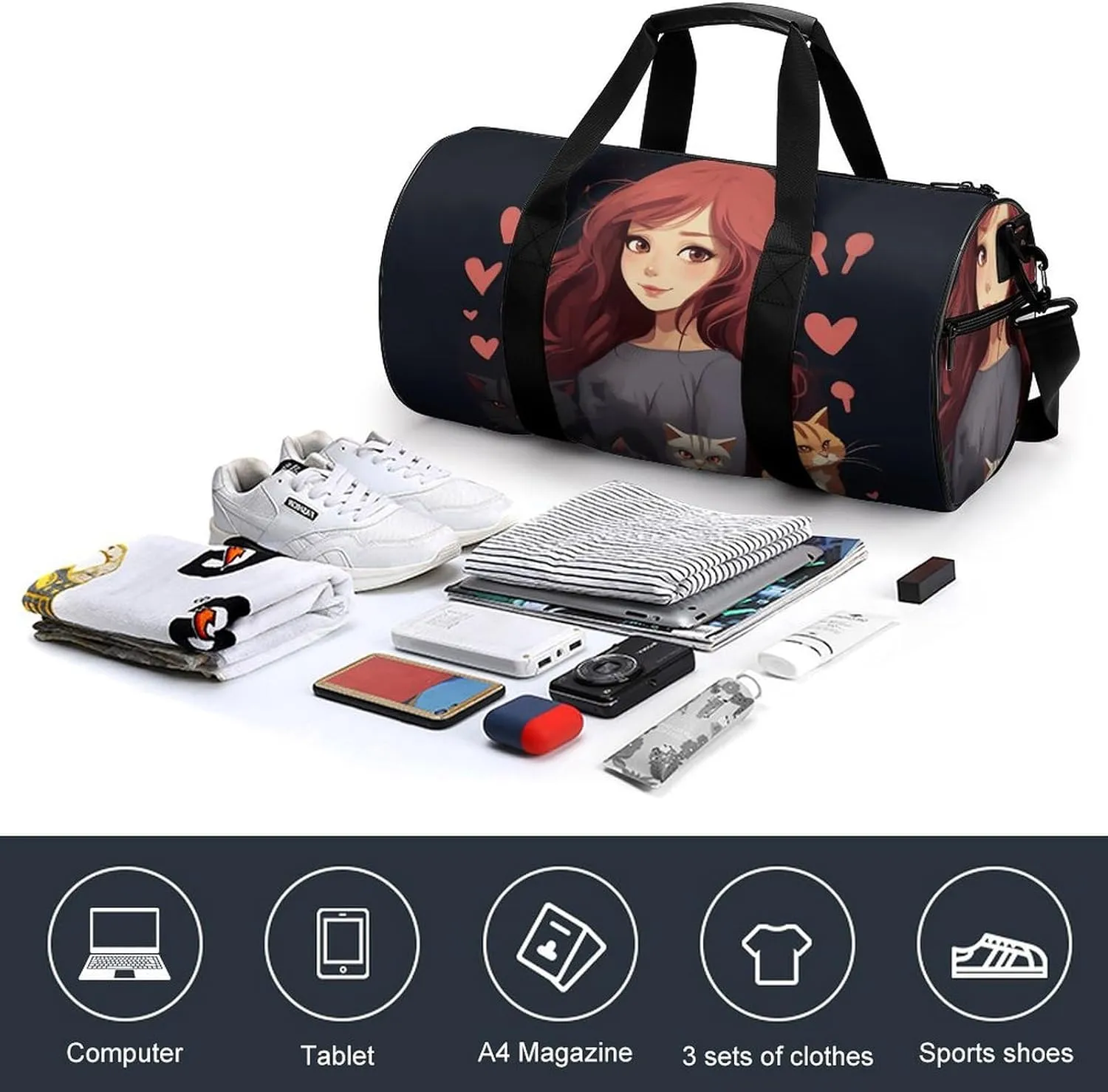 Duffel Bag for Men Women Gym Bag A Girl Who Loves Cats Travel Duffel Bag Waterproof Overnight Bag for Sports Workout