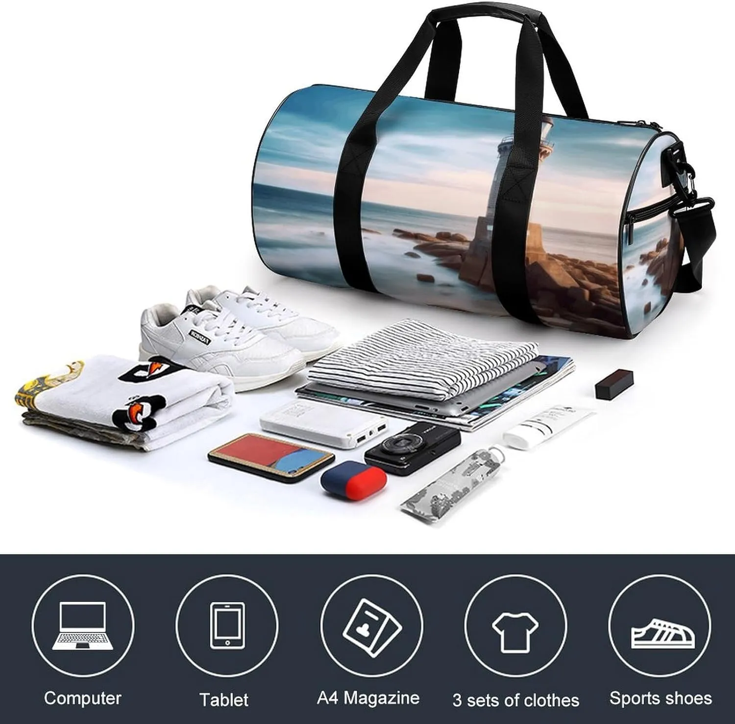 Duffel Bag for Men Women Gym Bag Beach Lighthouse Travel Duffel Bag Waterproof Overnight Bag for Sports Workout