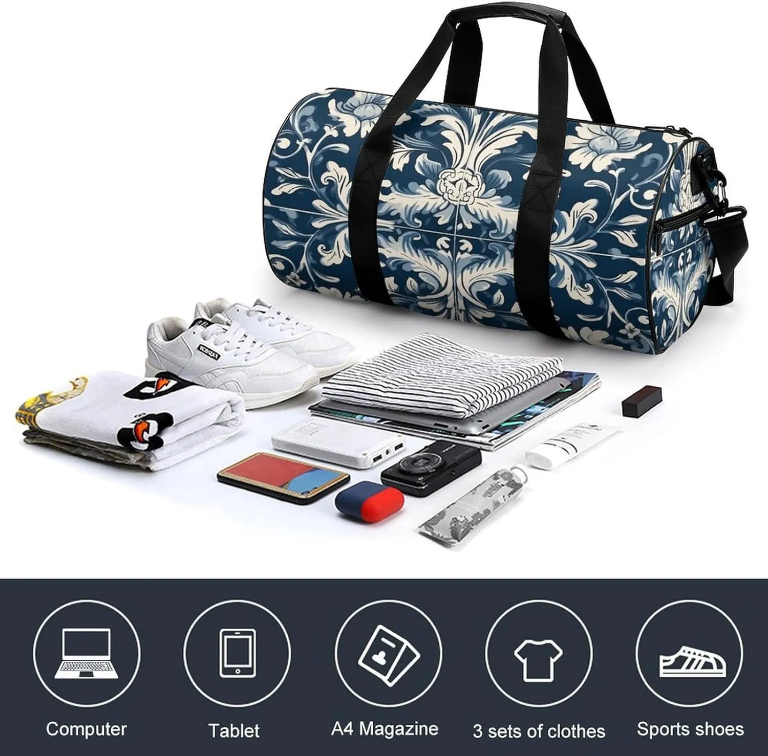 Duffel Bag for Men Women Gym Bag Blue And White Pattern Travel Duffel Bag Waterproof Overnight Bag for Sports Workout