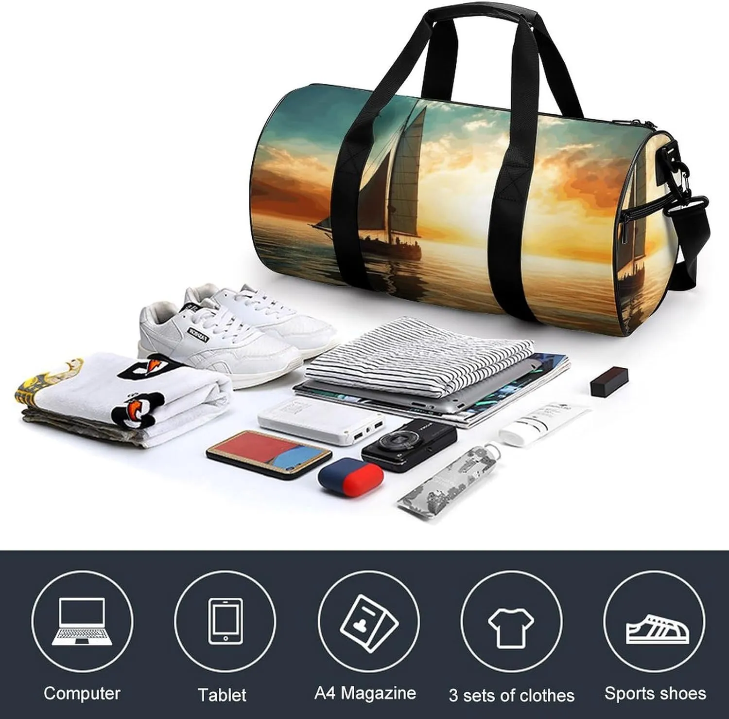 Duffel Bag for Men Women Gym Bag Boat on The Ocean Travel Duffel Bag Waterproof Overnight Bag for Sports Workout