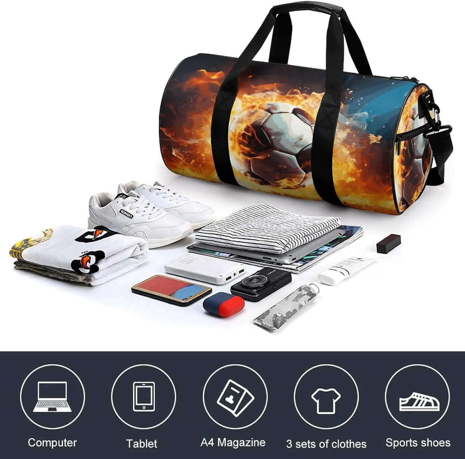 Duffel Bag for Men Women Gym Bag Burning Soccer Ball Travel Duffel Bag Waterproof Overnight Bag for Sports Workout