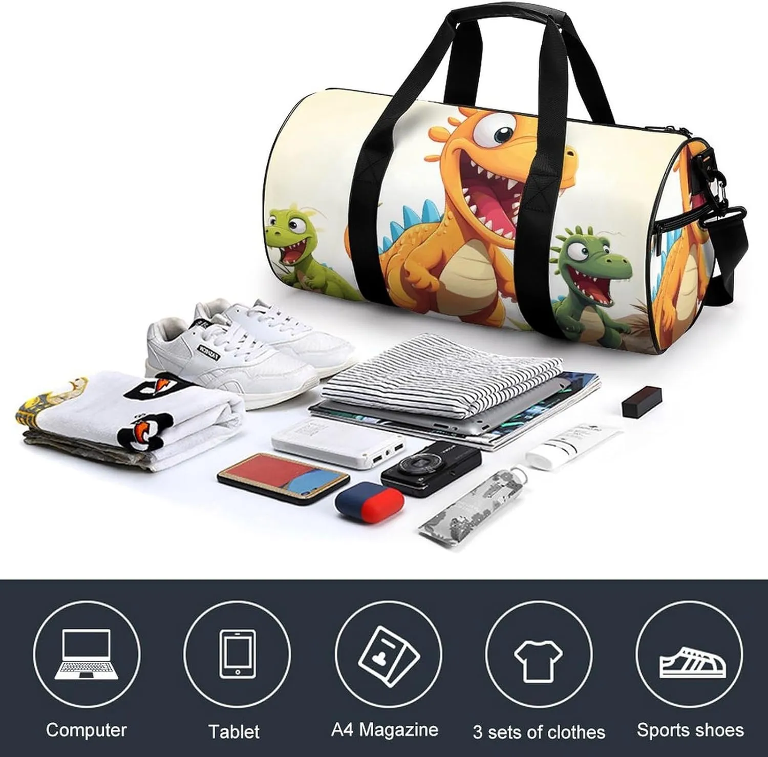 Duffel Bag for Men Women Gym Bag Cartoon Dinosaur Images Travel Duffel Bag Waterproof Overnight Bag for Sports Workout