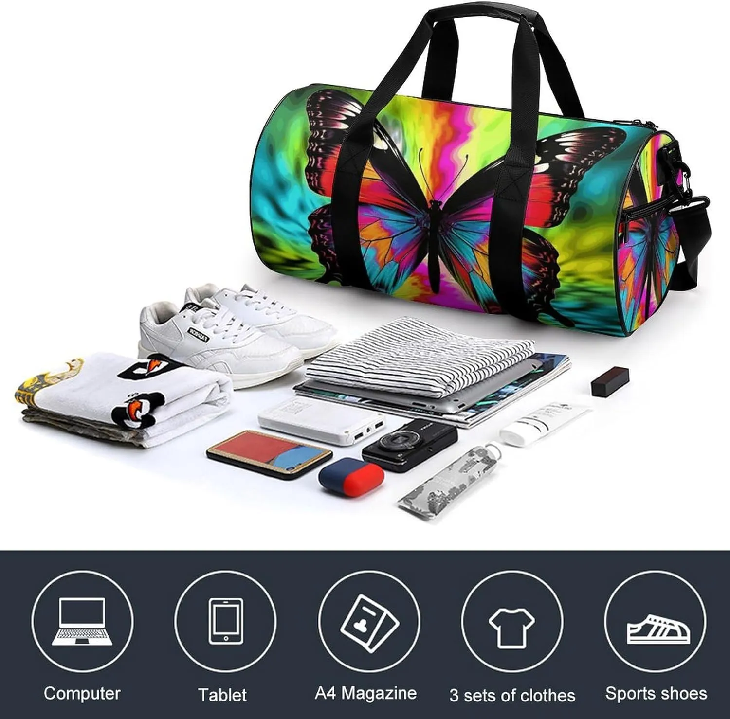 Duffel Bag for Men Women Gym Bag Colorful Butterfly Travel Duffel Bag Waterproof Overnight Bag for Sports Workout