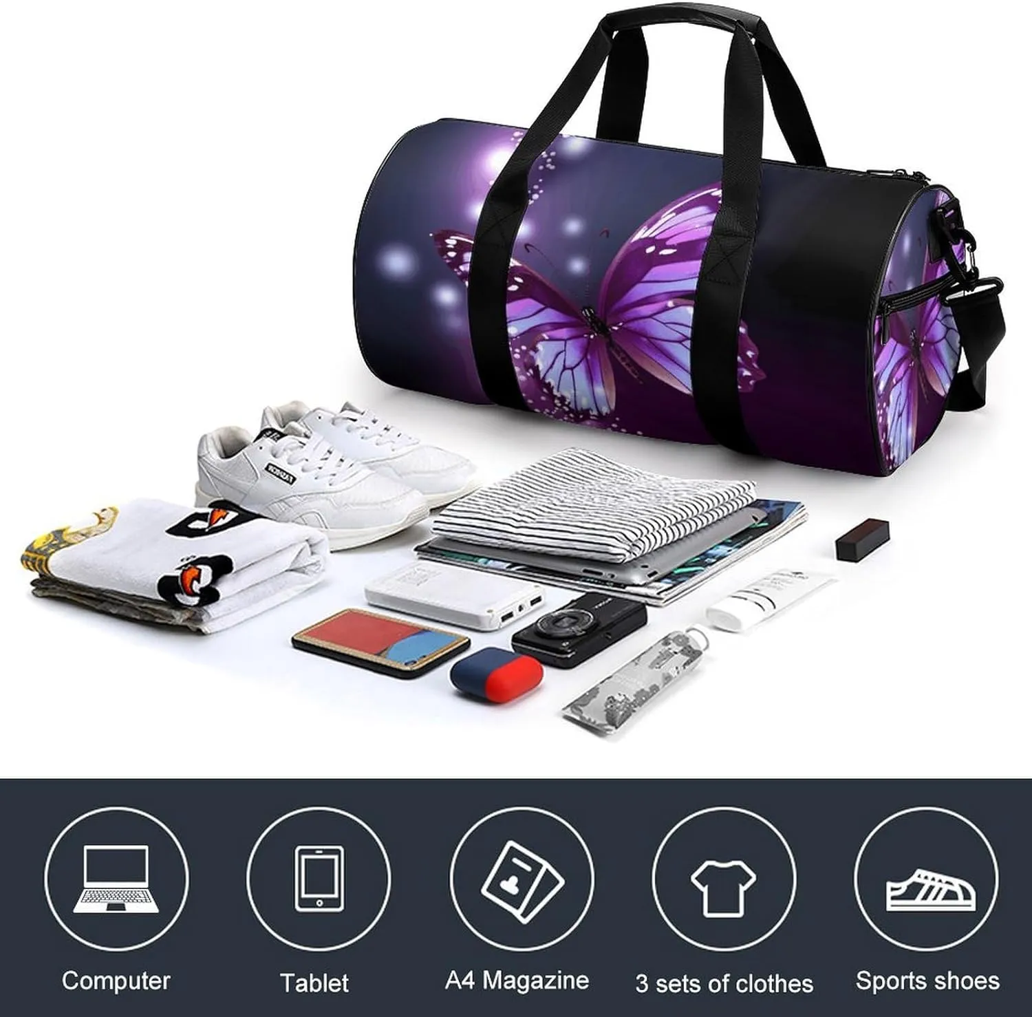 Duffel Bag for Men Women Gym Bag Cute Purple Butterfly Travel Duffel Bag Waterproof Overnight Bag for Sports Workout