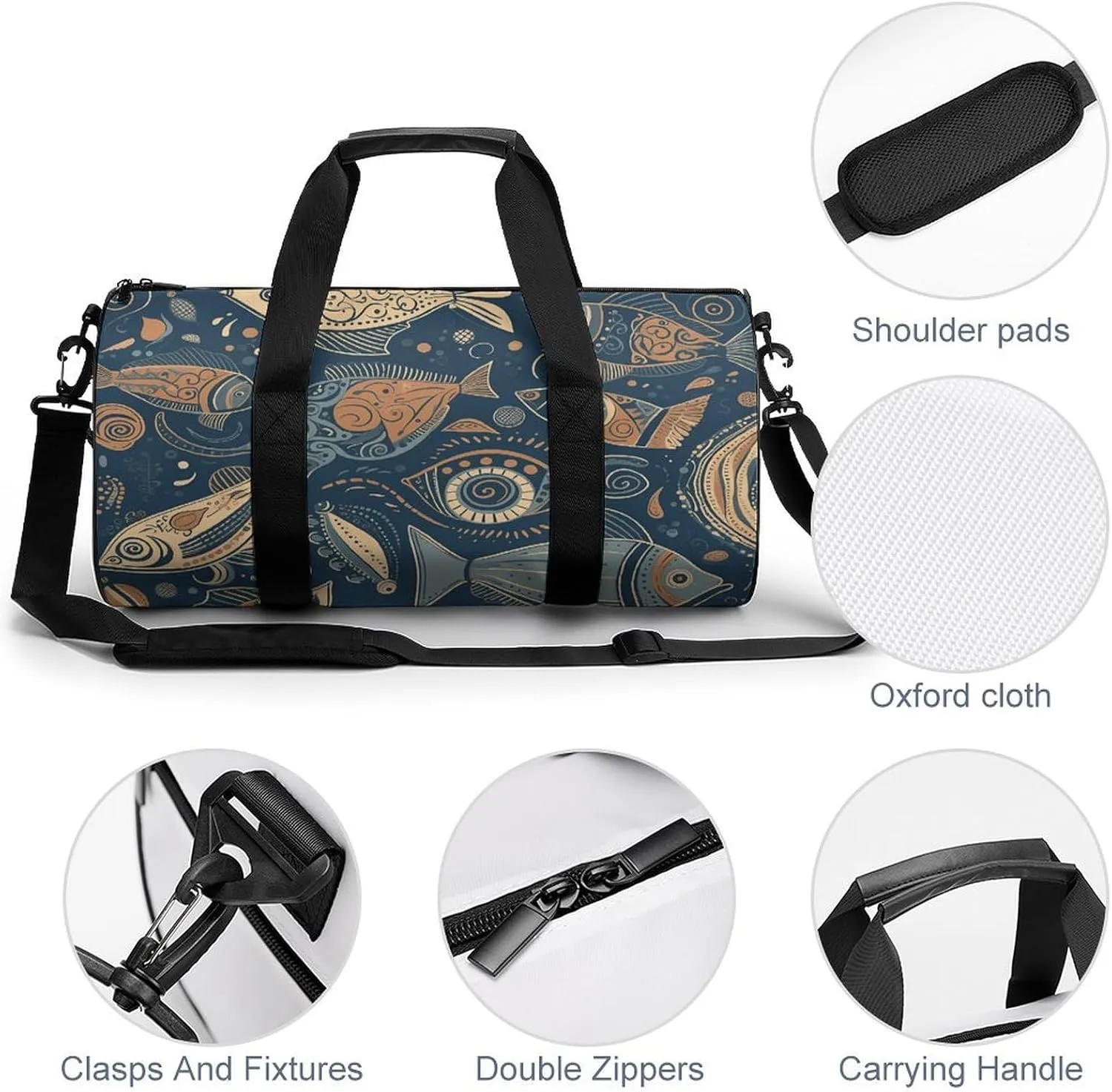 Duffel Bag for Men Women Gym Bag Different Fish Patterns Travel Duffel Bag Waterproof Overnight Bag for Sports Workout