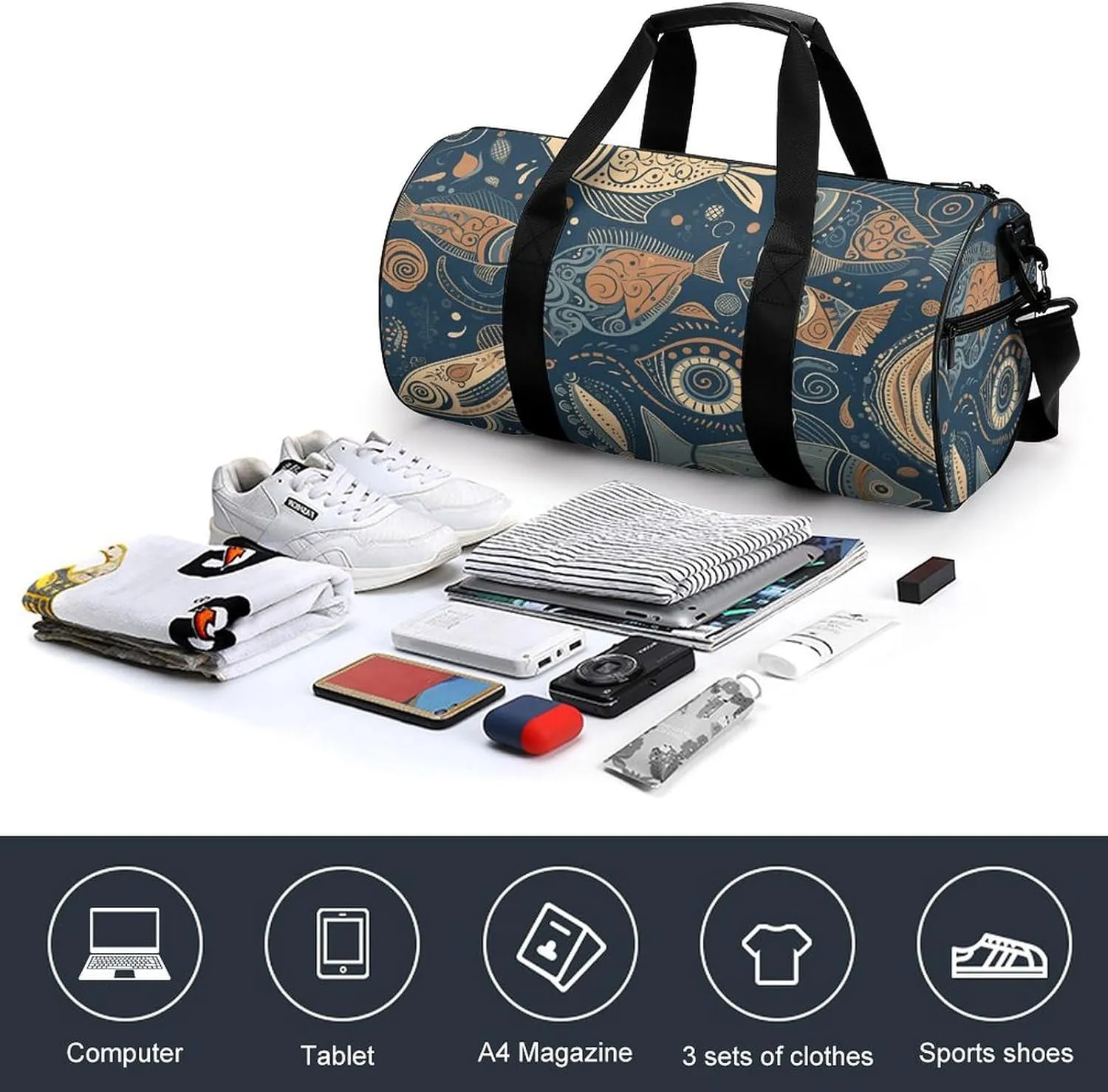Duffel Bag for Men Women Gym Bag Different Fish Patterns Travel Duffel Bag Waterproof Overnight Bag for Sports Workout