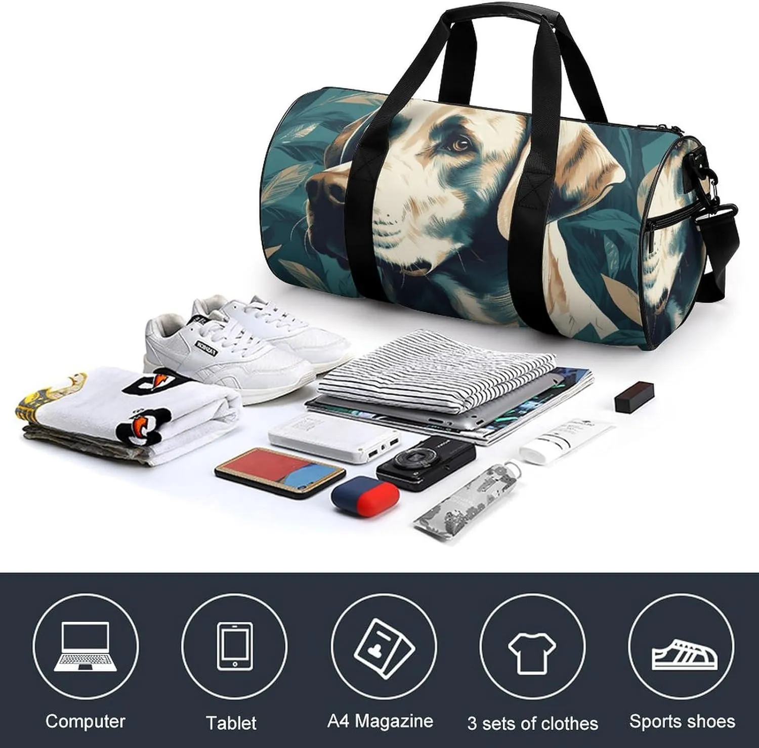 Duffel Bag for Men Women Gym Bag Dog in Leaves Travel Duffel Bag Waterproof Overnight Bag for Sports Workout