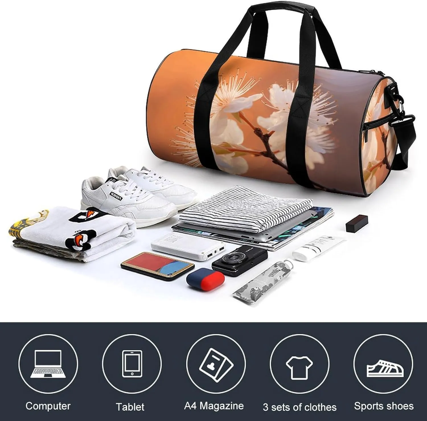 Duffel Bag for Men Women Gym Bag Flowers Under Orange Light Travel Duffel Bag Waterproof Overnight Bag for Sports Workout