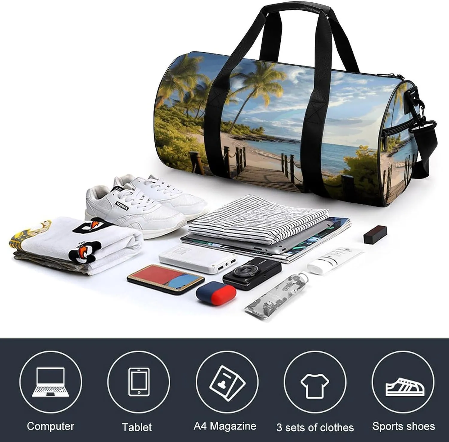 Duffel Bag for Men Women Gym Bag Palm Trees Beach Sea Ocean Travel Duffel Bag Waterproof Overnight Bag for Sports Workout