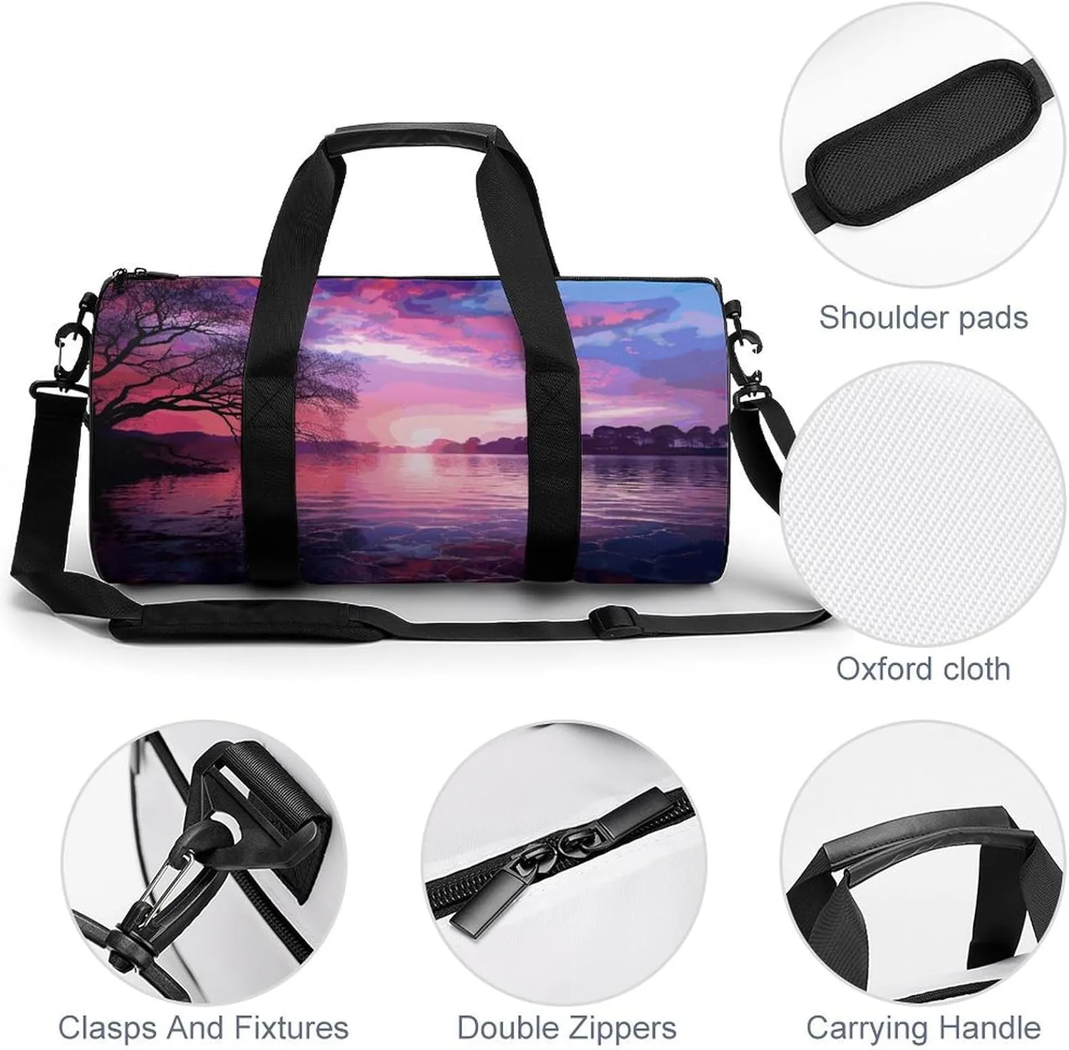Duffel Bag for Men Women Gym Bag Purple Sunset on Water Travel Duffel Bag Waterproof Overnight Bag for Sports Workout