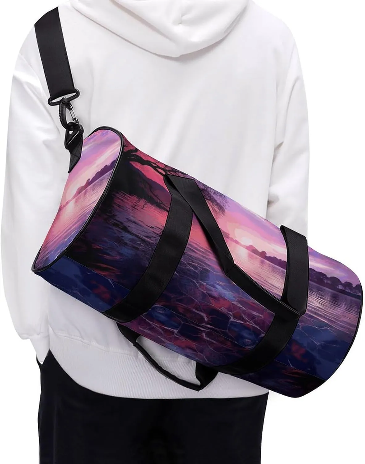 Duffel Bag for Men Women Gym Bag Purple Sunset on Water Travel Duffel Bag Waterproof Overnight Bag for Sports Workout