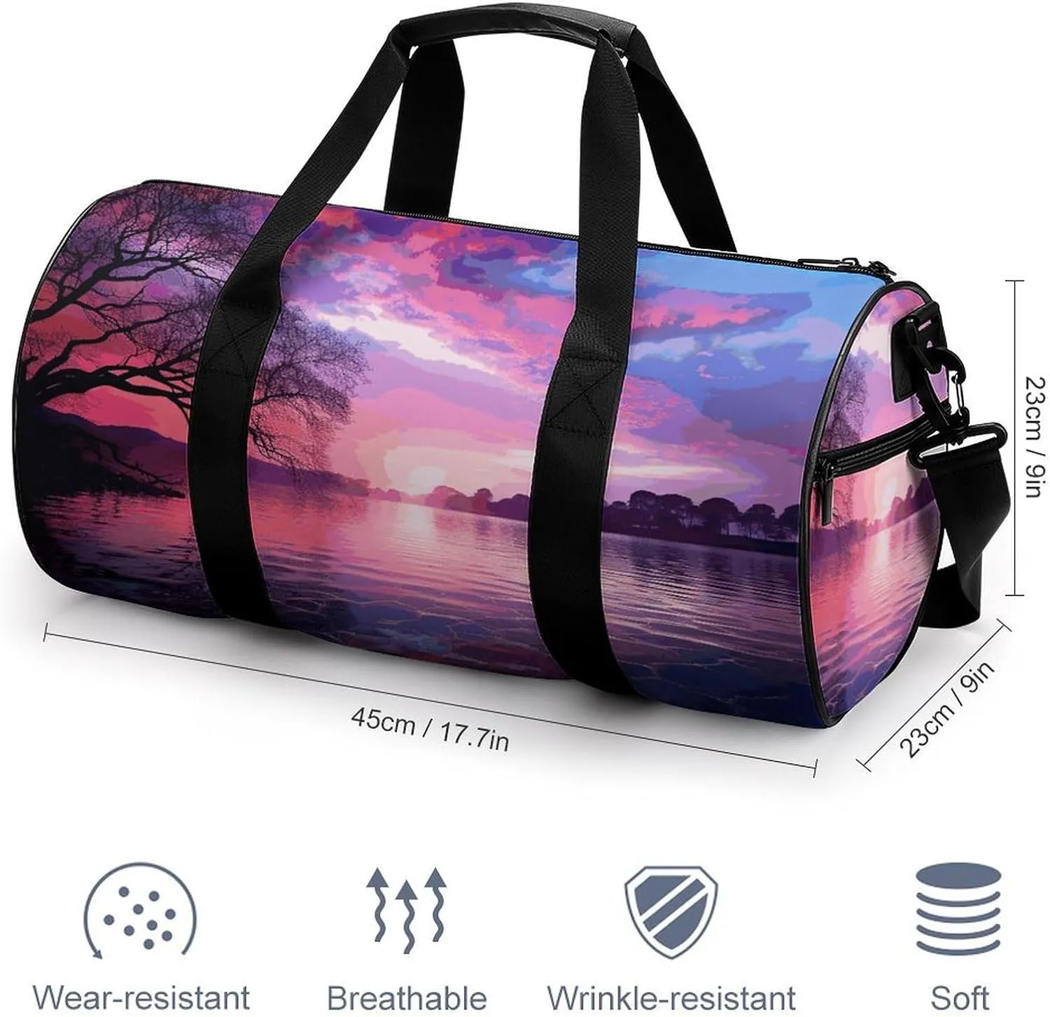 Duffel Bag for Men Women Gym Bag Purple Sunset on Water Travel Duffel Bag Waterproof Overnight Bag for Sports Workout