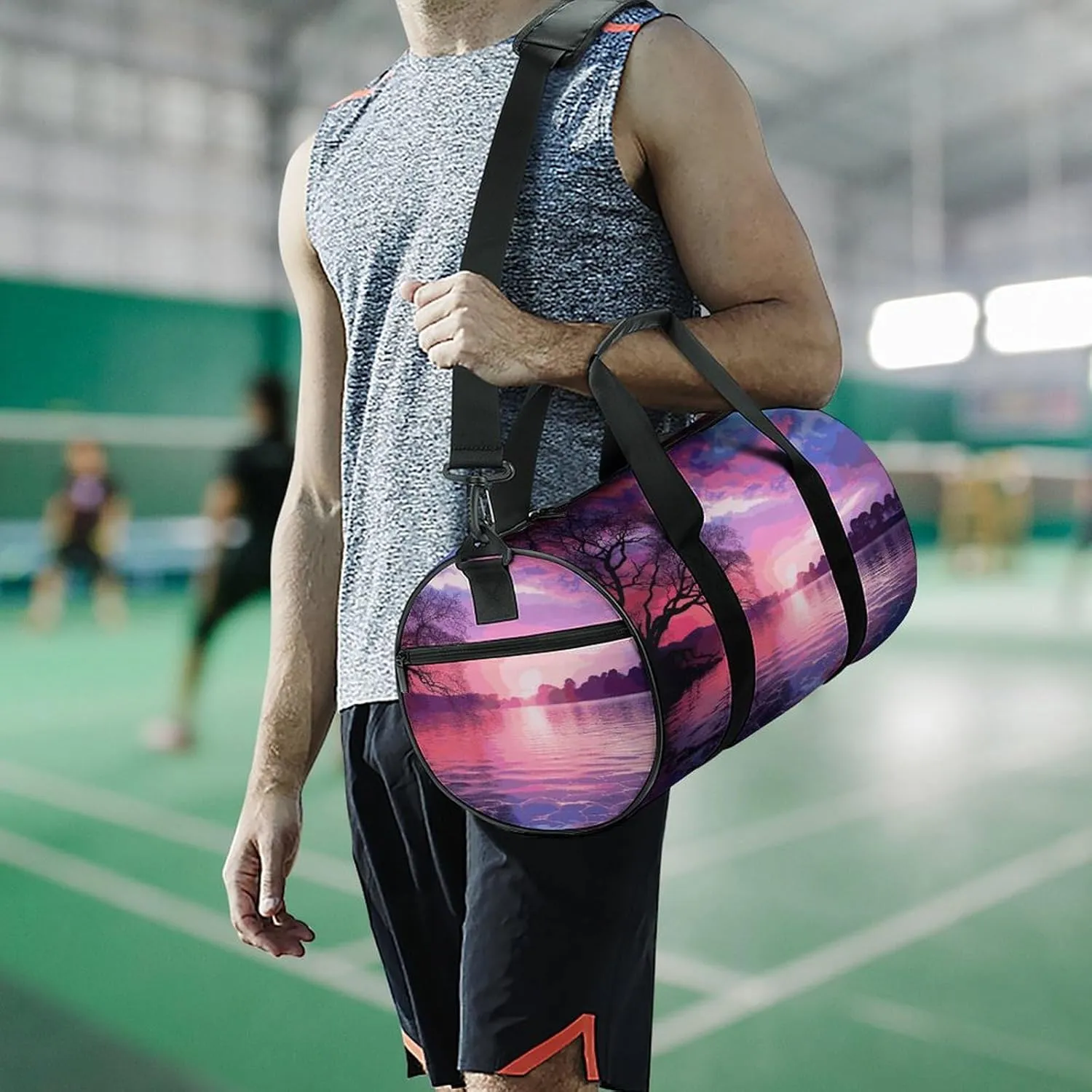 Duffel Bag for Men Women Gym Bag Purple Sunset on Water Travel Duffel Bag Waterproof Overnight Bag for Sports Workout