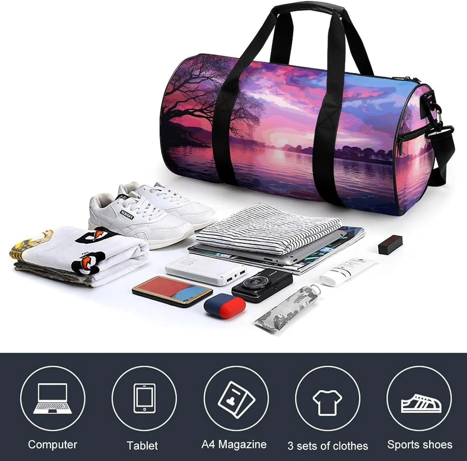 Duffel Bag for Men Women Gym Bag Purple Sunset on Water Travel Duffel Bag Waterproof Overnight Bag for Sports Workout