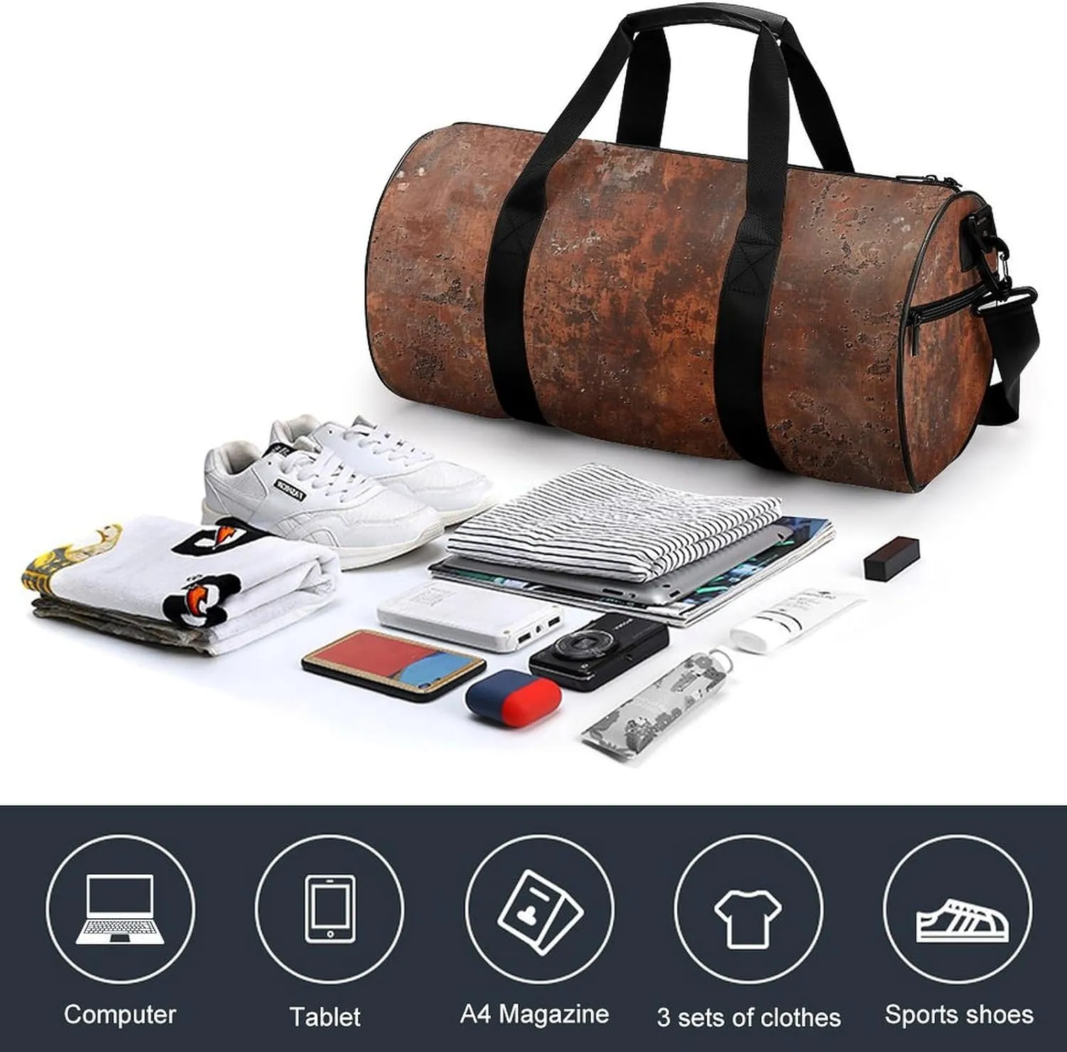 Duffel Bag for Men Women Gym Bag Rusty Metal Texture Travel Duffel Bag Waterproof Overnight Bag for Sports Workout