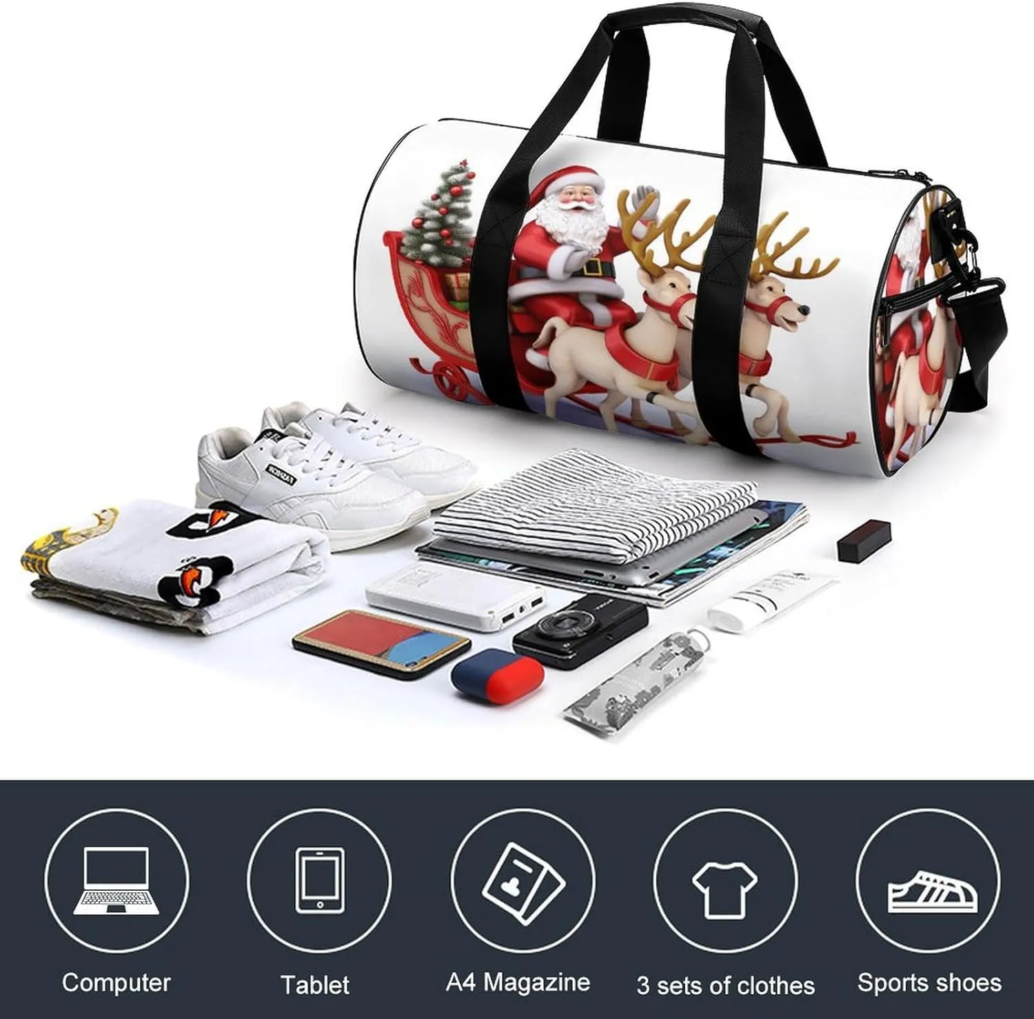 Duffel Bag for Men Women Gym Bag Santa Claus Reindeer Sled Travel Duffel Bag Waterproof Overnight Bag for Sports Workout