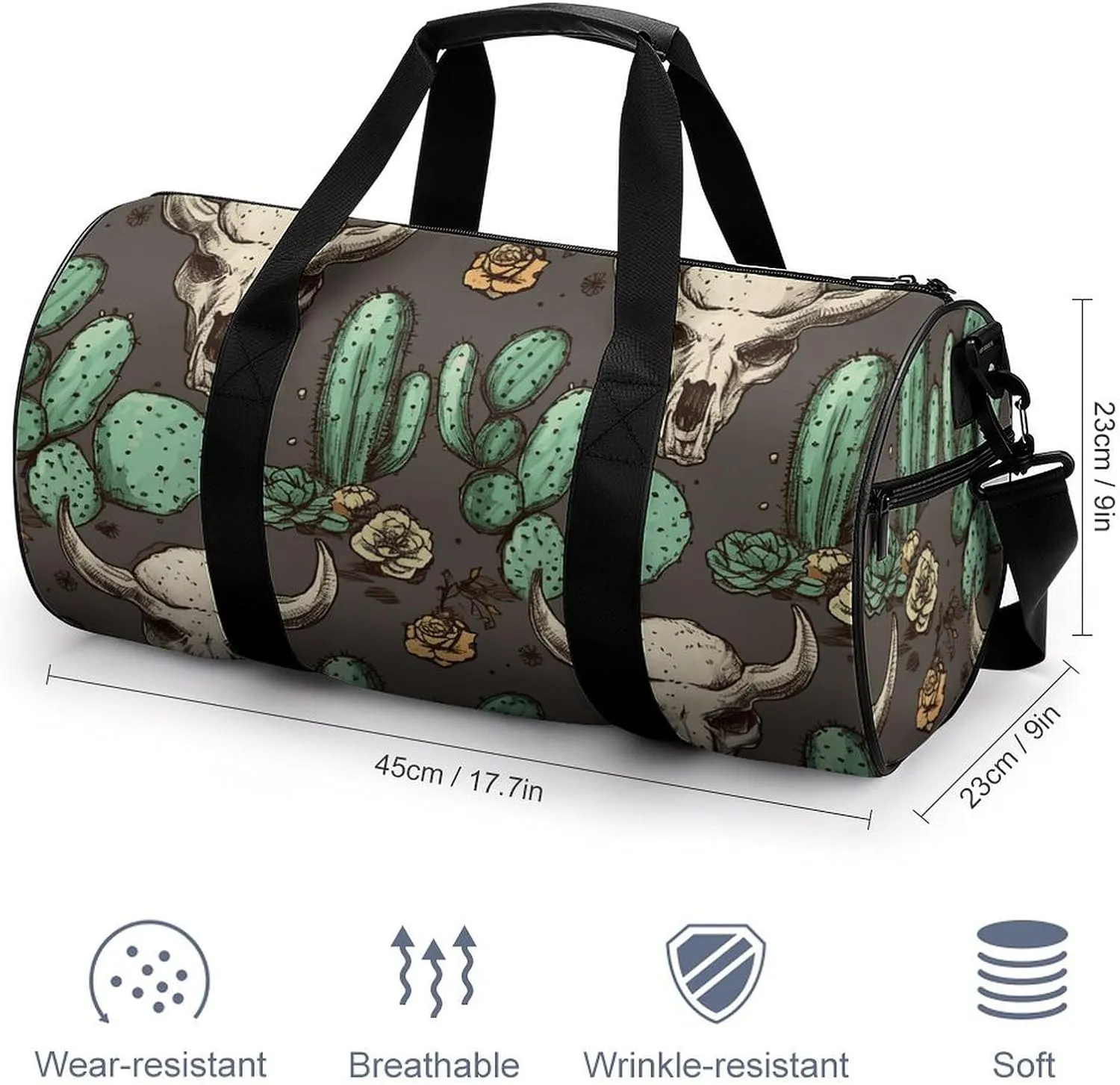 Duffel Bag for Men Women Gym Bag Skull of Bull And Cute Cactus Travel Duffel Bag Waterproof Overnight Bag for Sports Workout